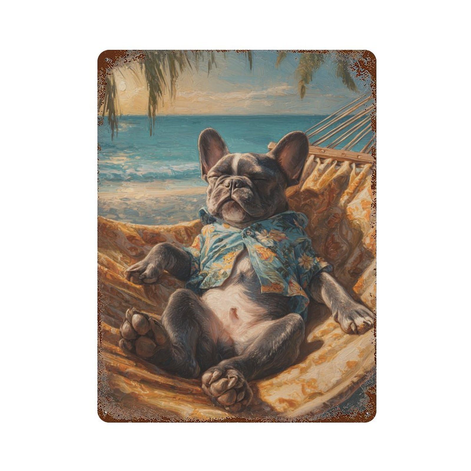 Garage Style Relaxing French Bulldog Hammock Rustic Tin Plaque 15.7"x11.8", Classic Wall Plaque for Bar And Workshop