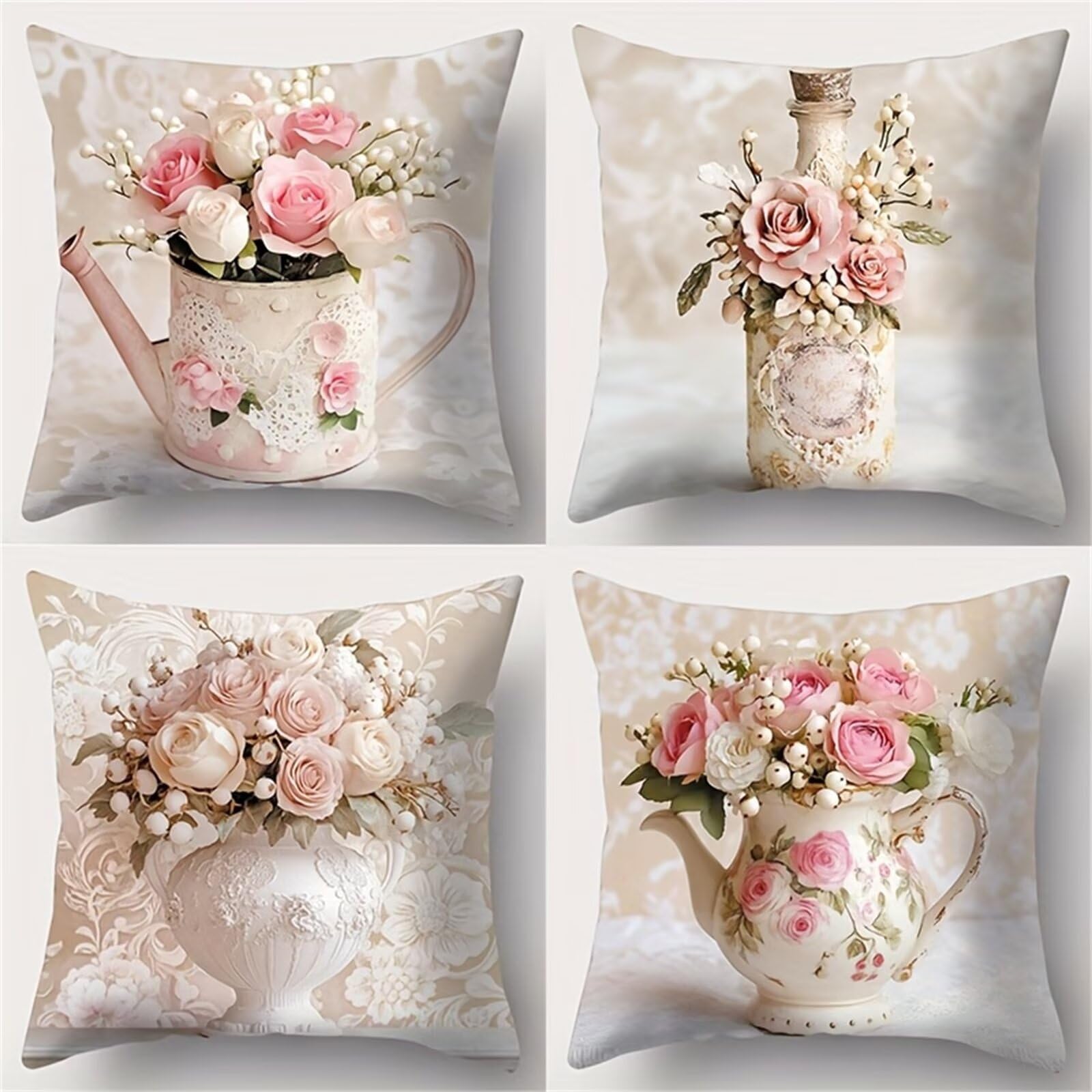 QiHon Cushion Covers 45x45 cm Set of 4 Flower Vase Linen Square Pillow Cases 18x18 inch Modern Decorative Throw Pillow Covers for Sofa Couch Bedroom Home Office with Invisible Zipper