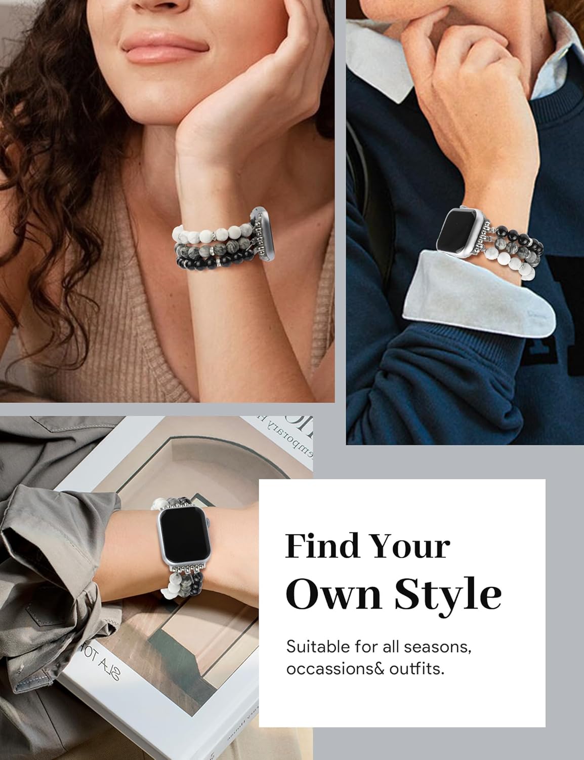 JR.DM Natural Stone Beaded-Bands Women Compatible with Apple Watch Series 11 10 9 8 7 6 5 4 SE 3 2 1 Fashion Stretch Handmade Bracelet Fancy Boho Elastic Strap for iWatch 38/40/41/42mm(S10/11) Gift - Image 5