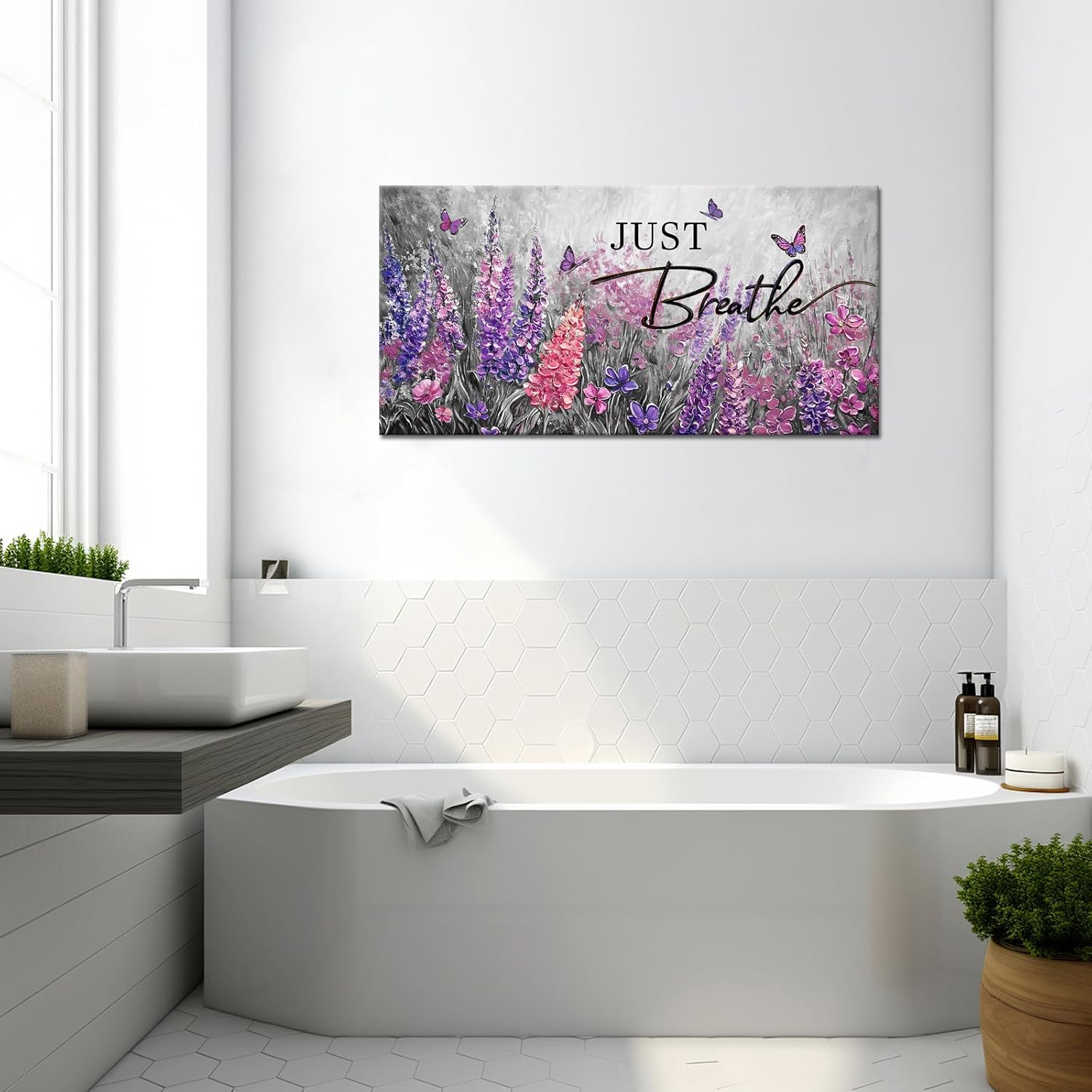 Biuteawal Lavender Wall Art Just Breathe Decor Purple Flower Picture with Inspirational Quotes Canvas Print Artwork Farmhouse Home Wall Decoration Ready to Hang