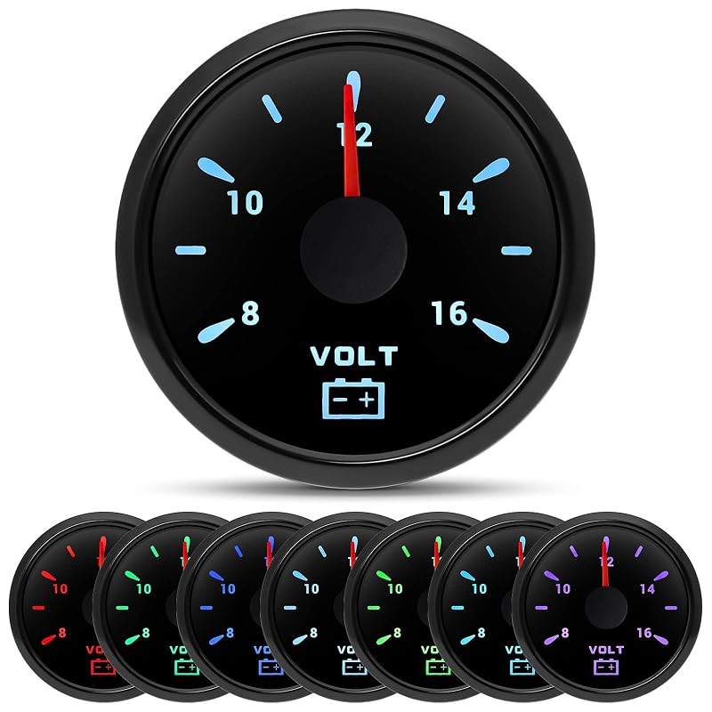 Voltímetro automotivo ARTILAURA 52 mm 8–16 V com iluminação de 7 cores para veículos 12 V/24 V