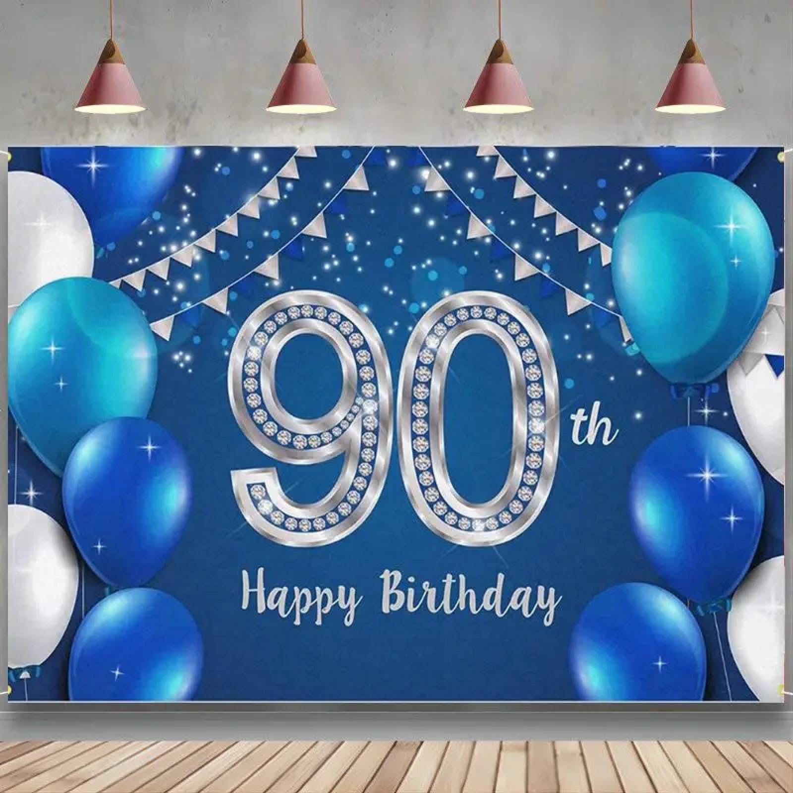 Baner 'Happy 90th Birthday' tło 90 lat dekoracje urodzinowe artykuły imprezowe dla kobiet mężczyzn niebieskie srebrne tło 300 x 200 cm