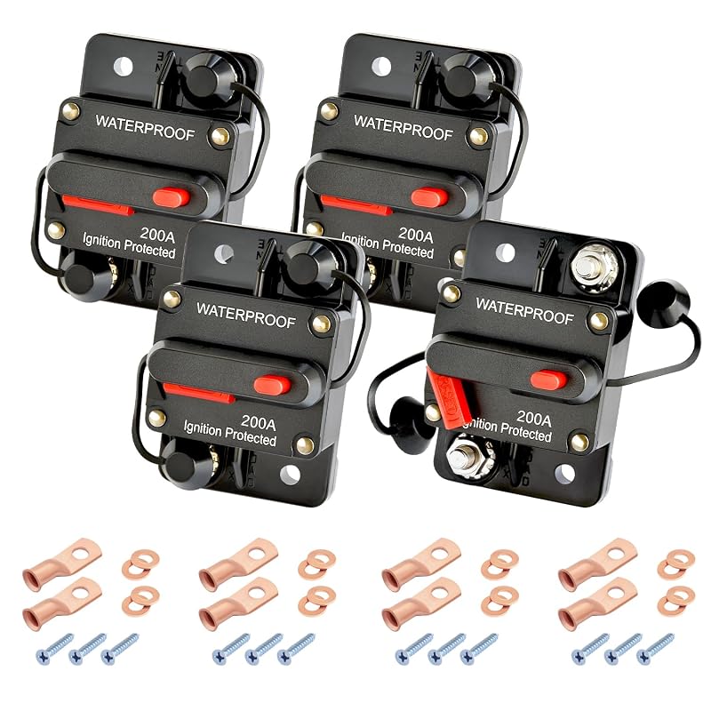 Disjuntor automotivo DC Bolipoeq 200 A, 12–48 V, rearme manual e montagem de superfície – Kit com 4