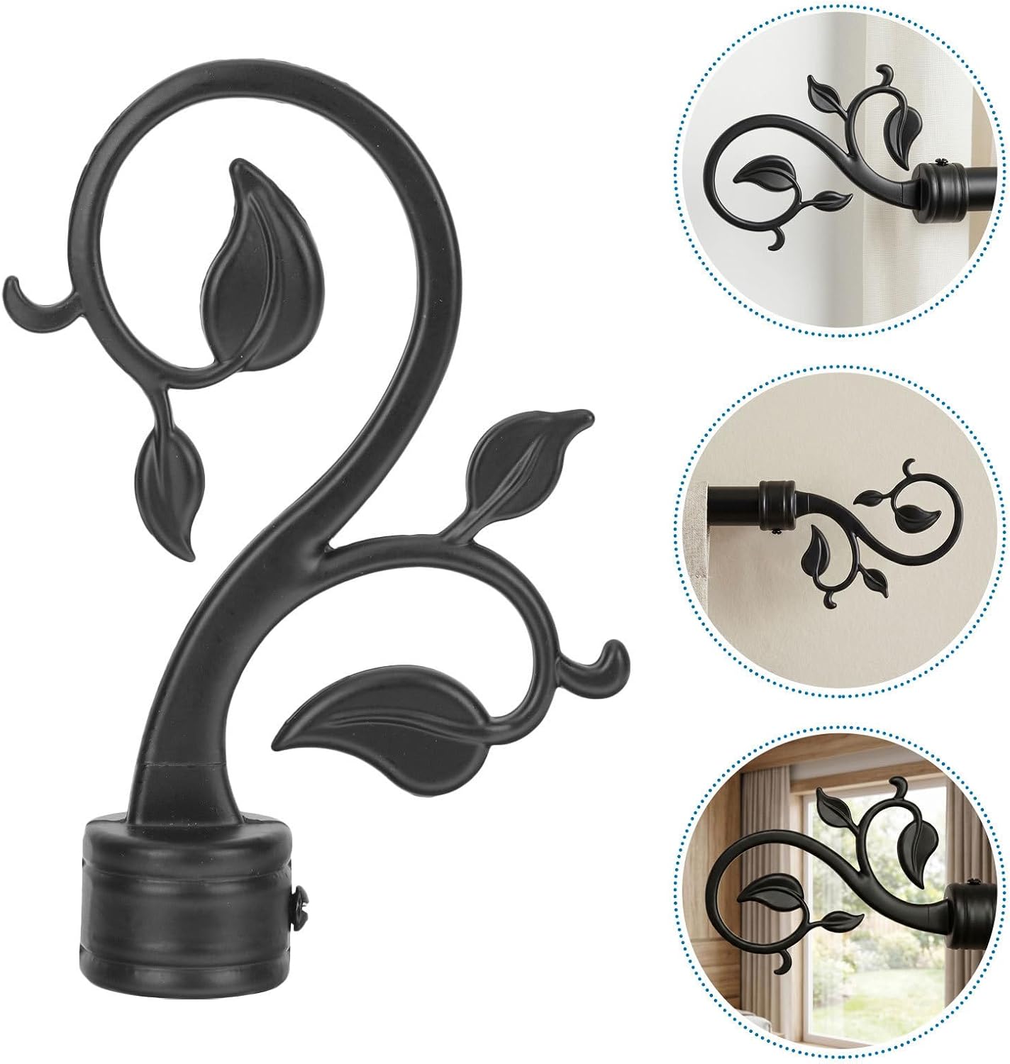 4pcs Plastic Curtain Rod Leaf Finials Decorative Curtain Rod Ends with Leaf Shape for Bedroom Window Treatment, Elegant and Natural Style, 0.9inch Diameter, Black Plastic Pole End