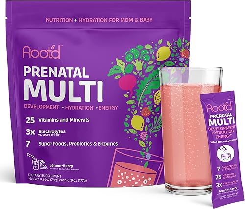 Root'd Polvo multivitamínico prenatal - 25 vitaminas y minerales con 3 electrolitos, folato, hierro, D3 para mamá y bebé, 7 superalimentos y