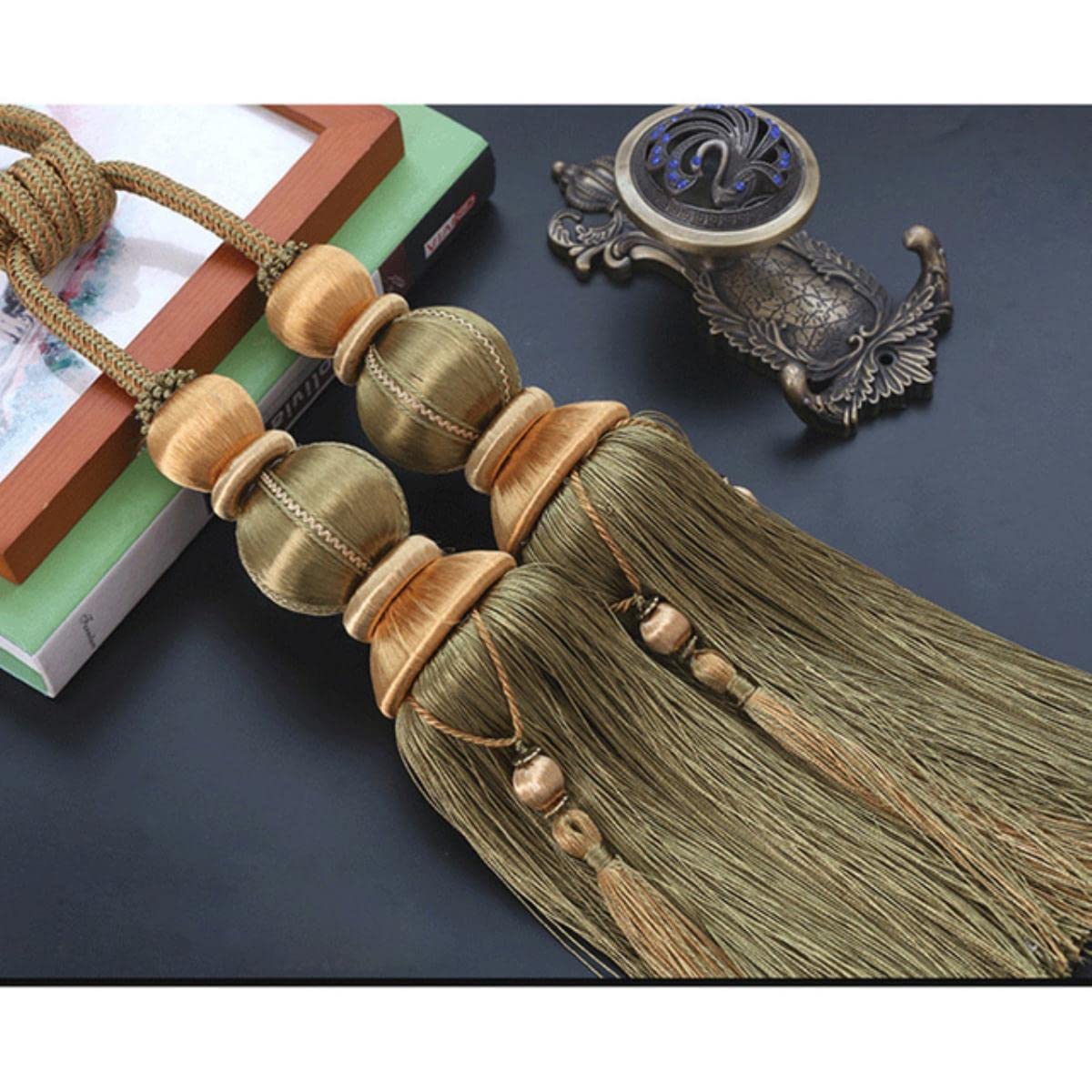 Rideau Corde Européenne Double Boule Rideau Boucle Sangle Suspendue Boule Crochet Glands Embrasse Dos Rideau Accessoires Décoration De La Maison-Army Green