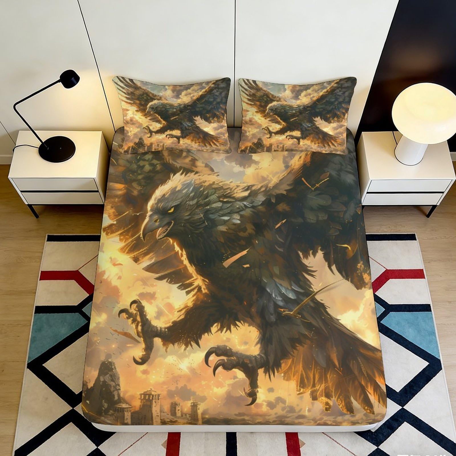 3D Printed Majestic Eagle Fitted Sheet Microfiber Soft Breathable Fiery Sky Bed Cover for Bedroom Dorm Decor 90x200x25cm