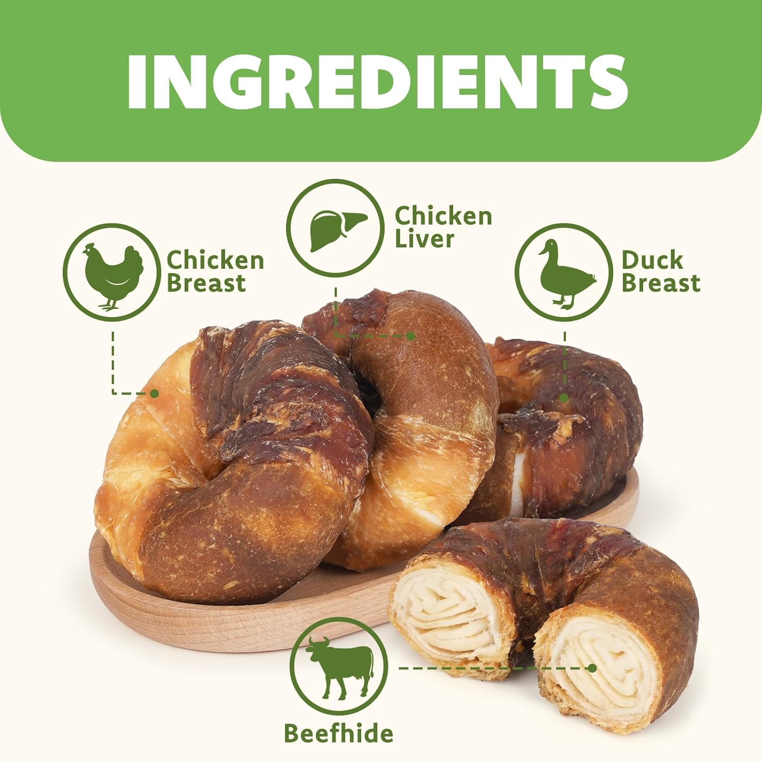 MON2SUN 3-3.5 Inch Duck, Chicken and Chicken Liver Wrapped Rawhide Donuts Dog Treats, Long Lasting Chew Treats for Medium & Large Dogs, 21.2 oz (8 Count)