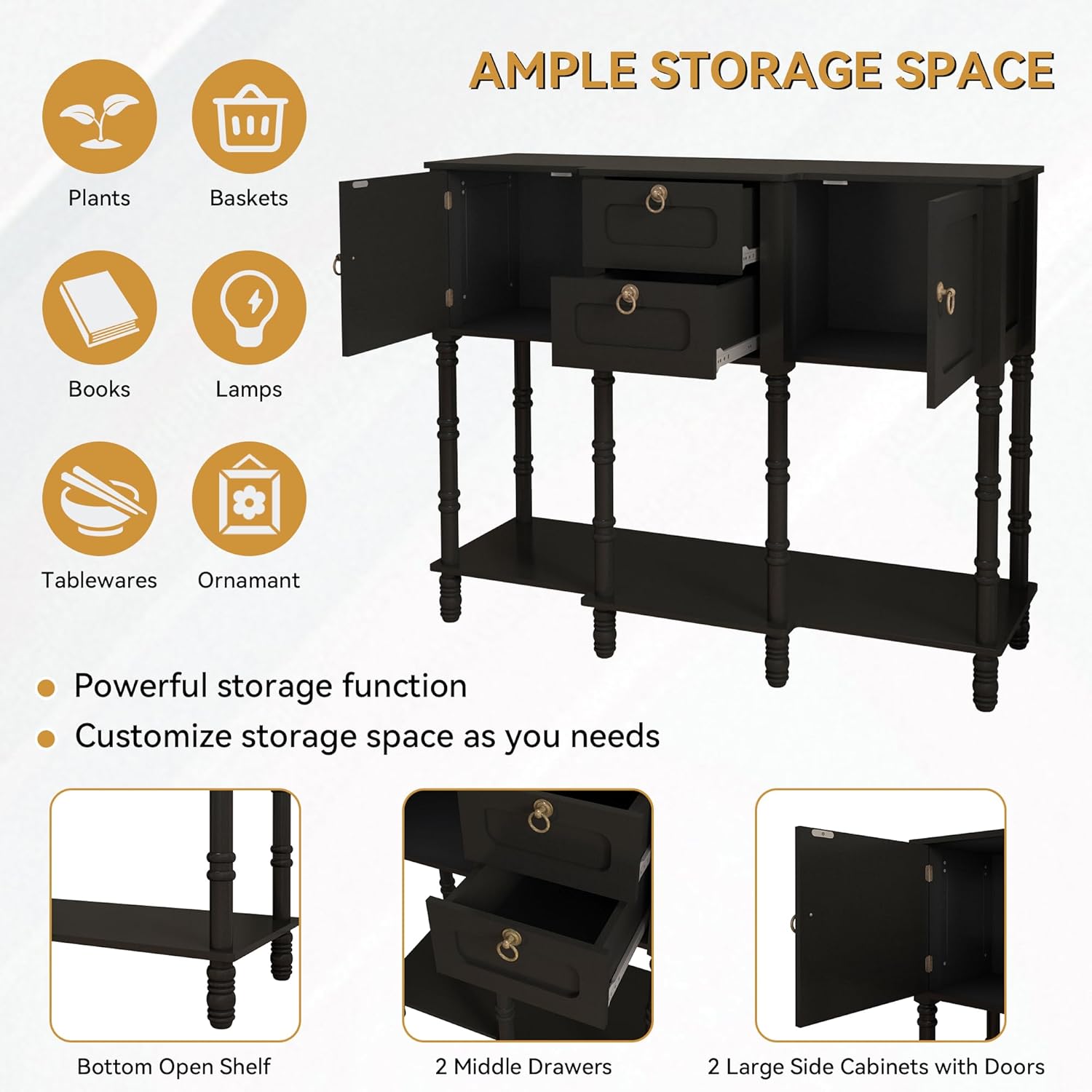 Black Entryway Table with Storge, Mid-Century Modern Console Table with 2 Drawers, Retro Narrow Long Behind Couch Sofa Table for Living Room, Foyer, Hallway
