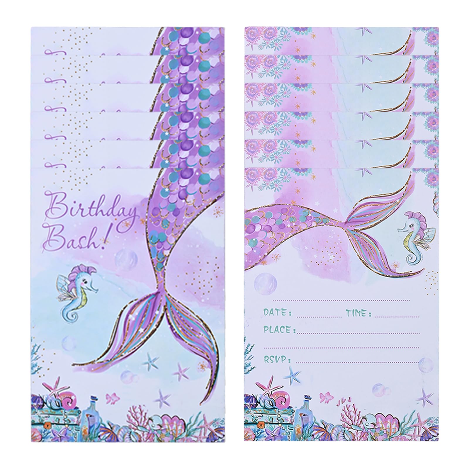 Daleweo 12 Pcs Girls Mermaid Party Invitations, Mermaid Party Invites for Girls and Boys, Birthday Invitations Kids, A6 Birthday Invitation, Beautiful Patterns, Predefined Fill-in Fields