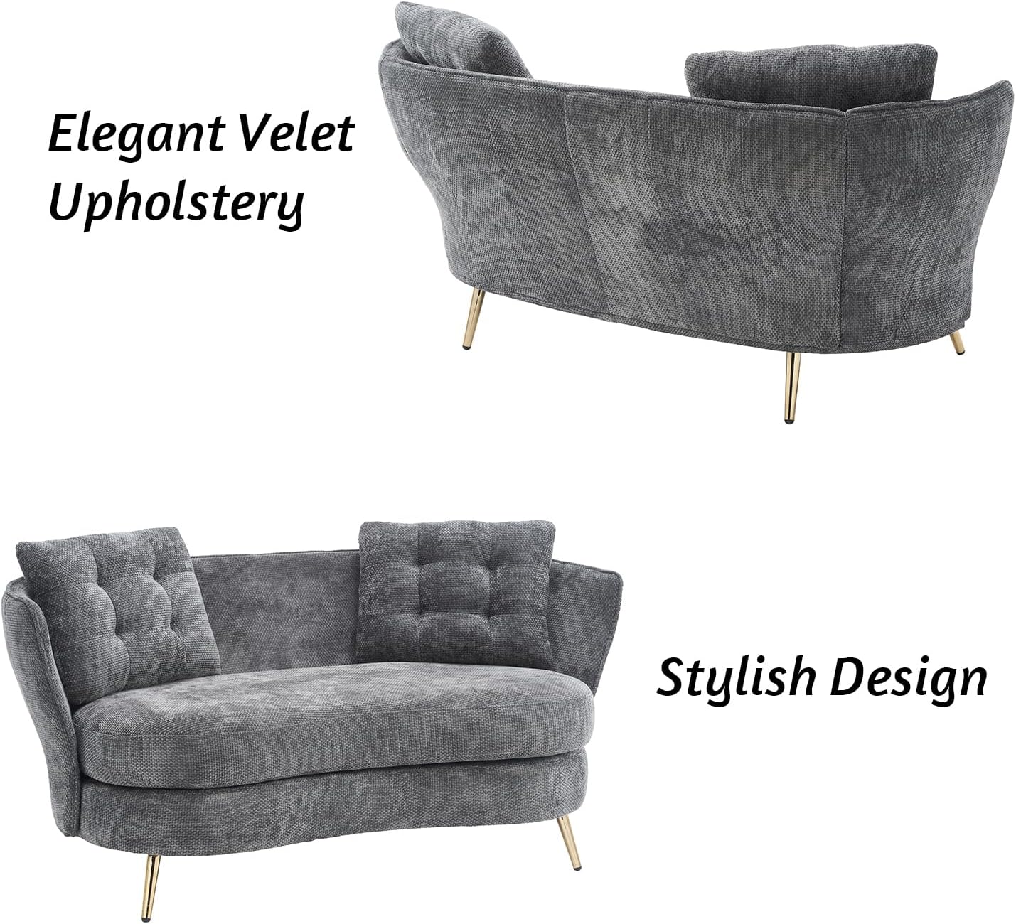 Modern Loveseat Sofa Couch,Futon Small Sofa with Gold Metal Legs, 2-Seater Upholstered Mini Love Seat Sofa Couches for Living Room Bedroom Office Balcony Studio Apartment Easy to Assemble (Gray)