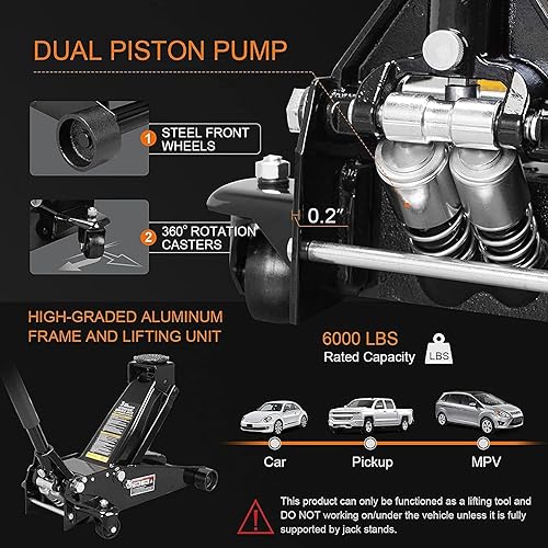 Miniatura 2 de BIG RED ATZ830023BR Gato hidráulico de acero resistente para serviciopiso con bomba de elevación rápida de doble pistón, 3 toneladas (6,000 libras),
