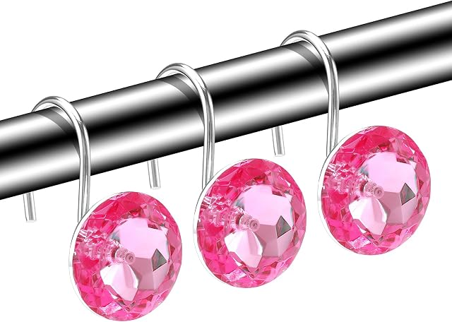 Rhinestone Shower Curtain Hooks, Therlan 12 Pcs Acrylic diamond Shower Curtain Rings Smooth Sliding Rust Resistant Decorative Clear Curtain Hooks Bathroom Bedroom (Pink)