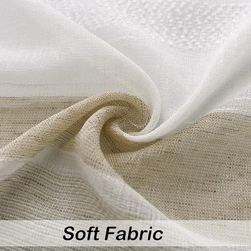 Miniatura 6 de Central Park Cortinas de granja de rayas beige y blancas traslúcidas, cortinas de ventana de lino boucle teñidas en hilo, tejidas, de 95 pulgadas de