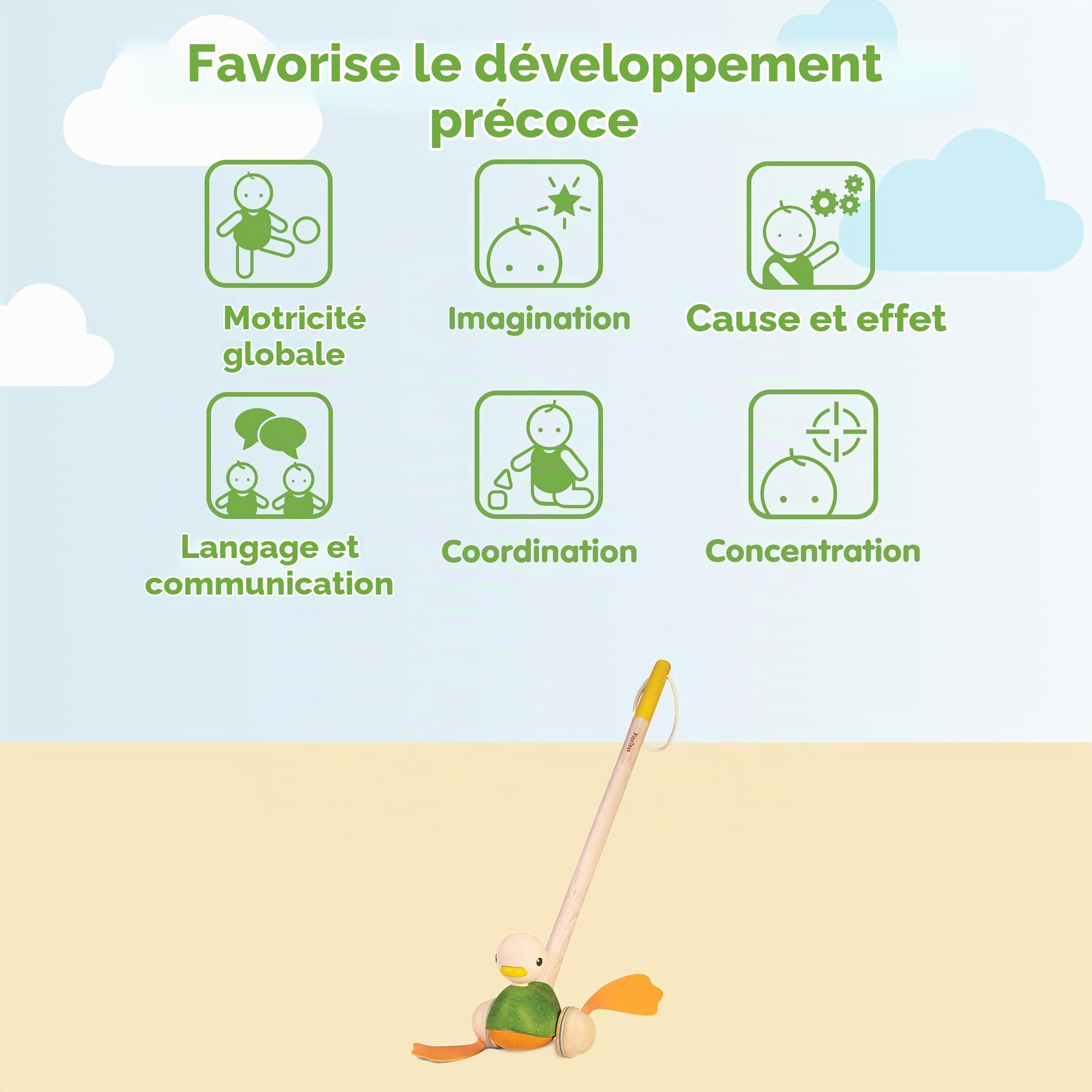 PlanToys Jouet à Pousser Canard - Animaux à Pousser en Bois dès 1 An - Canard en Bois Durable avec Bruit Flip-Flop - Jouet Éducatif pour Bébé, Wood