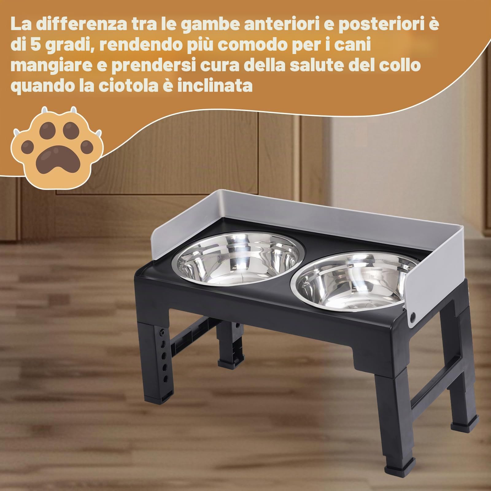 Ciotole Rialzate Regolabili per Cani 6 Altezze,2 Ciotole in Acciaio Inox,Pieghevole,Antiscivolo Adatte a Cani Piccoli,Medi e Grandi