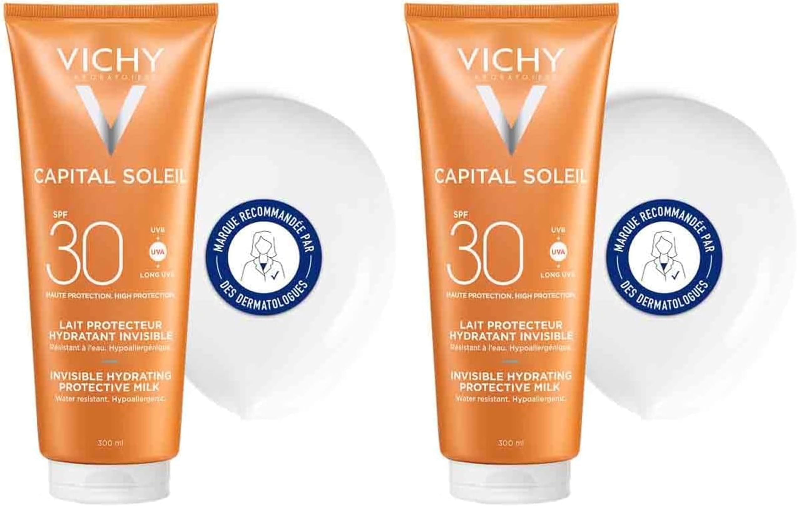 Vichy, Capital Soleil, Lait Solaire Hydratant SPF30, Visage et Corps, Résiste à l'Eau, Protection Très Large Spectre UVA et UVB, Tous Types de Peau, 300 ml (Lot de 2)