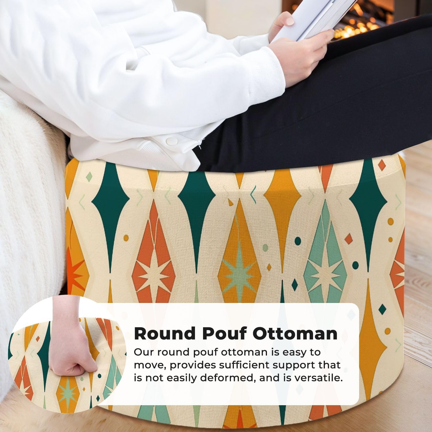 Round Pouf Ottoman Mid Century Teal Orange Ideal for Fabric Foot Stool Foot Rest Floor Stool Bean Bag Chair Cotton Linen Removable Indoor Outdoor for Living Room Bedroom