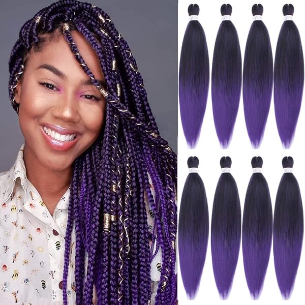 Leeven 20 Pouces EZ Braid Pre Stretched Braiding Hair 8 Packs Ombre Purple Kanekalon Pre Stretched Hair Extensions for Box Braids Braiding Hair 1BPU# - 1