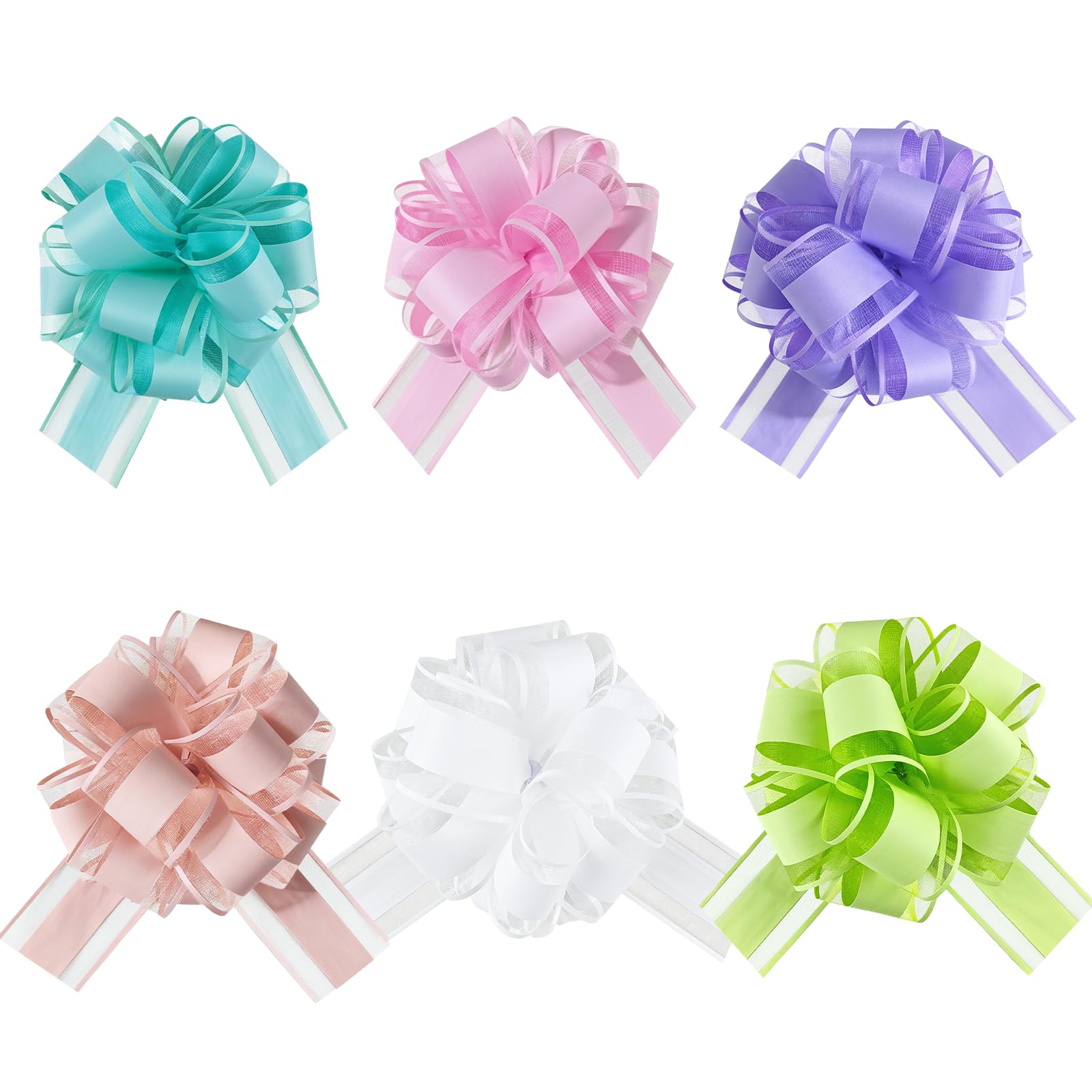 HHXUUAN Large Gift Wrap Assorted Macaron Colors Pull Bows with Clear Instructions.6pcs 6 InchDurable Organza Ribbon Bow for Hampers, Baskets, Wedding, Birthday & Present Decorations