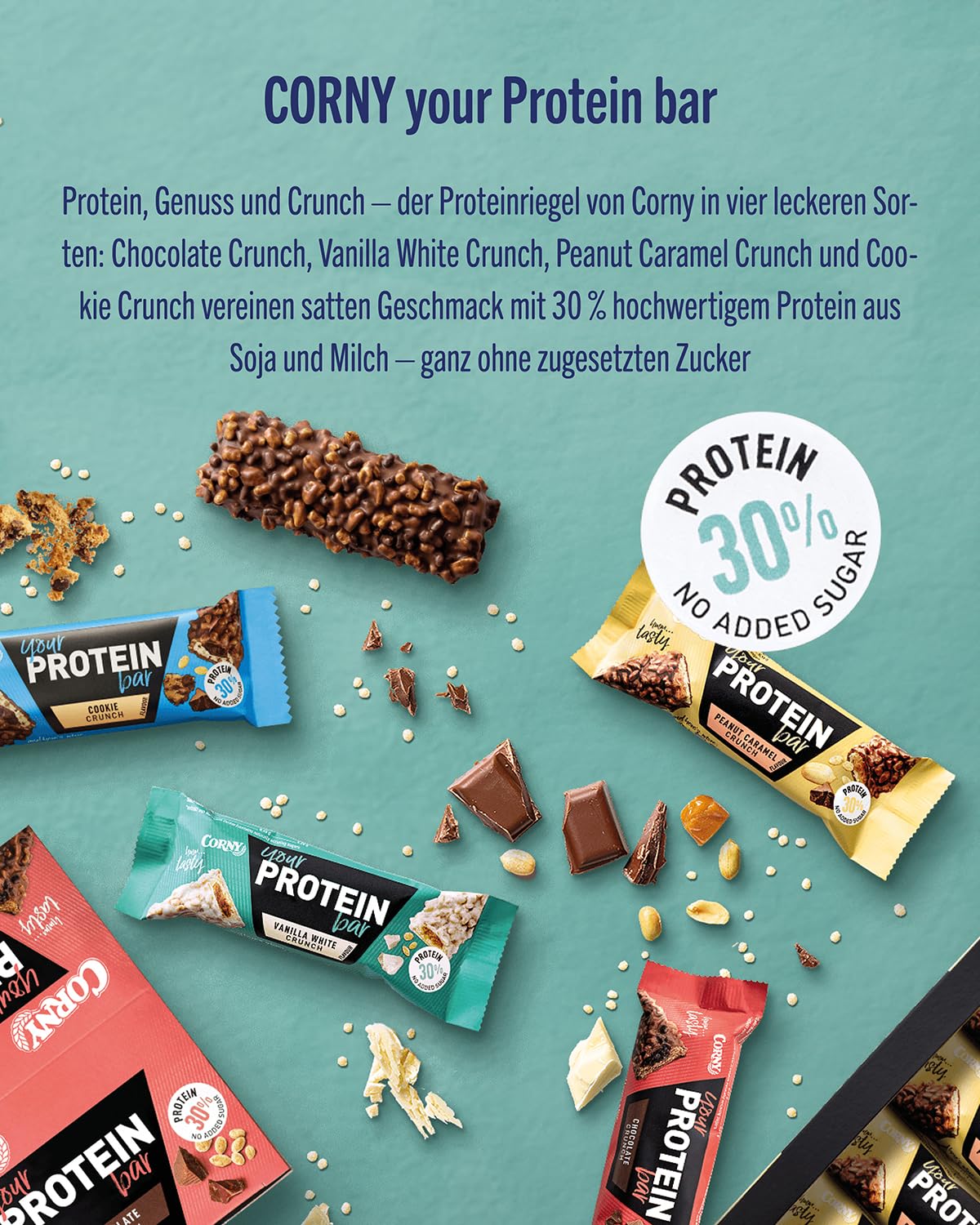 Corny Proteinriegel Peanut Caramel Crunch, 30 Prozent Protein, Eiweißriegel ohne Zuckerzusatz, 12 Stück (1er Pack)