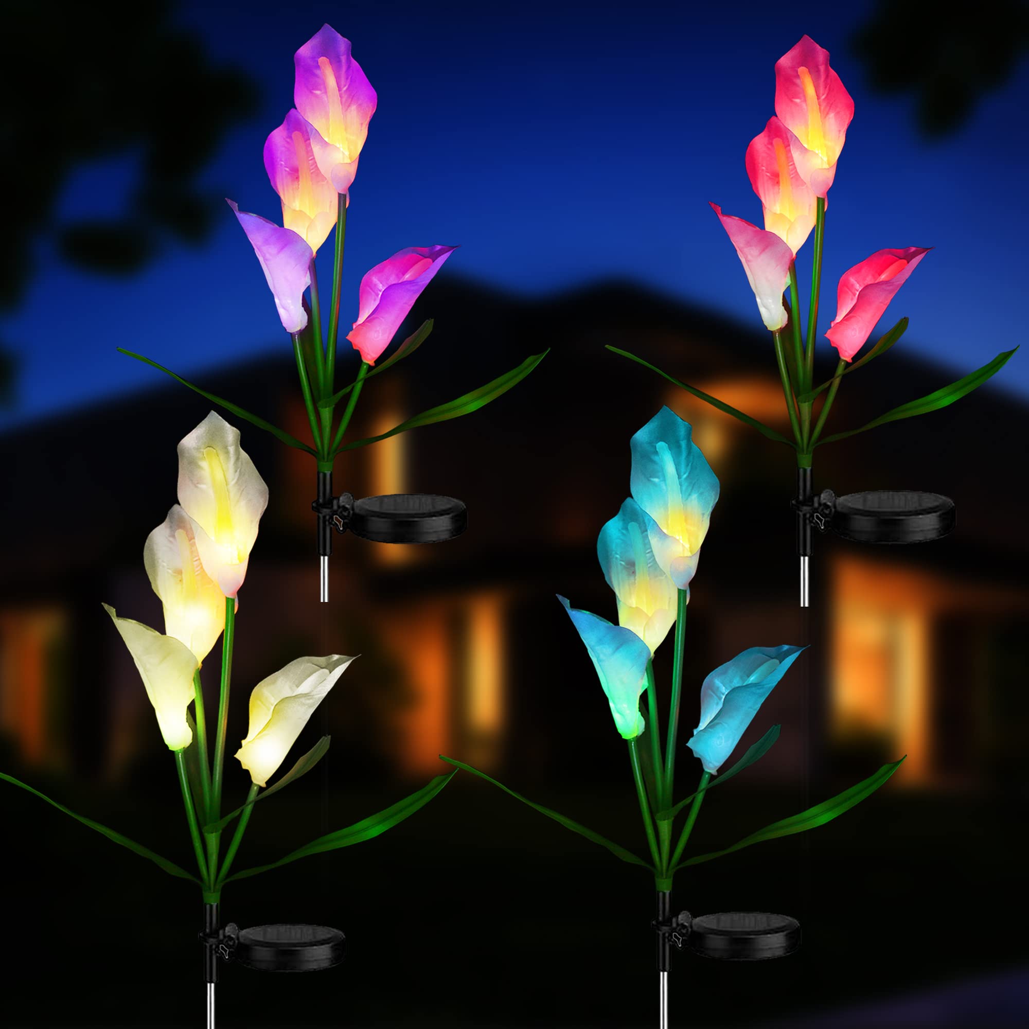 Arrozon Solar Garden Lights Outdoor Garden Decorative with 16 Calla Lily Flowers, Solar Flowers Lights Outdoor Garden Waterproof IP65 for Garden, Pathway, Patio, Yard, Porch, Backyard, 4 Pack