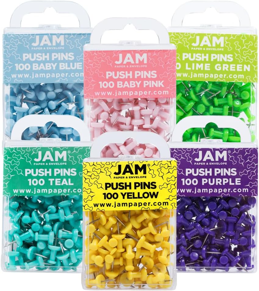JAM PAPER Colorful Push Pins - Round Head Map Thumb Tacks - Silver & Gold Pushpins - 2 Packs of 100