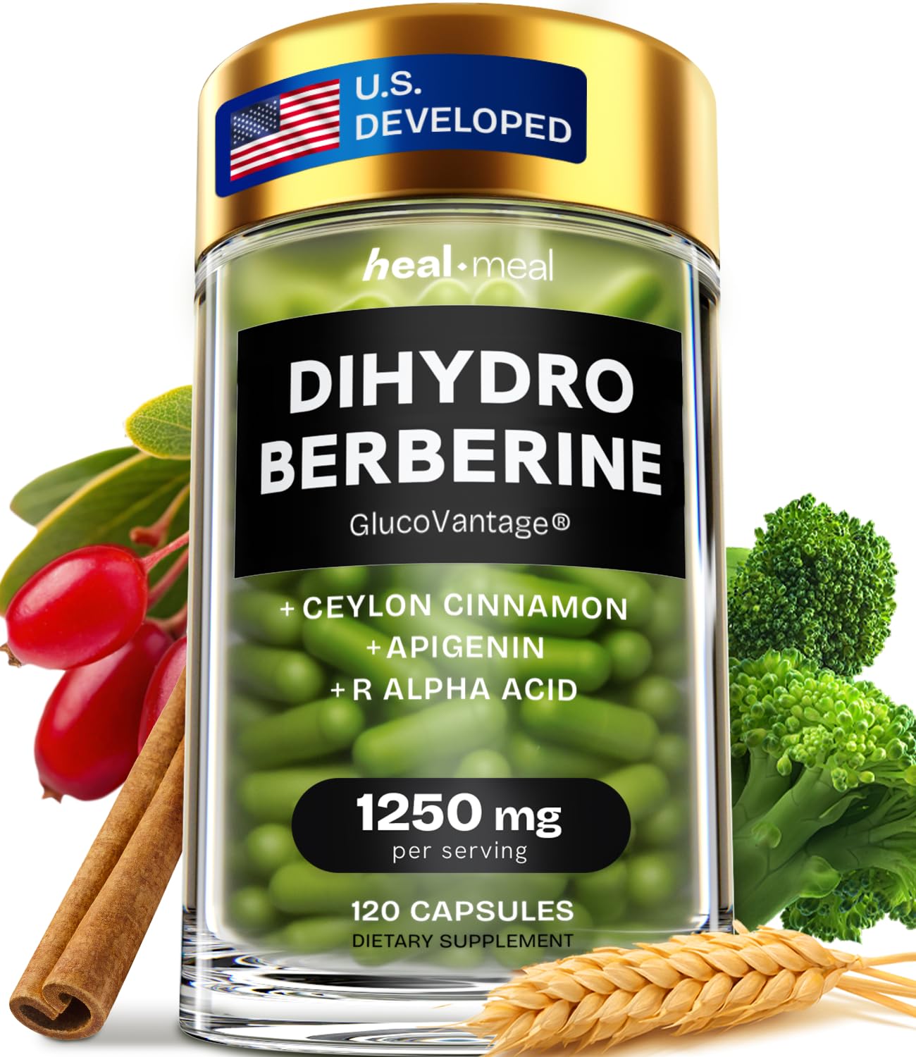 HealMeal Suplemento de Di-hidroberberina com Canela-do-Ceilão, Ácido Alfa-Lipóico R e Apigenina, 120 cápsulas