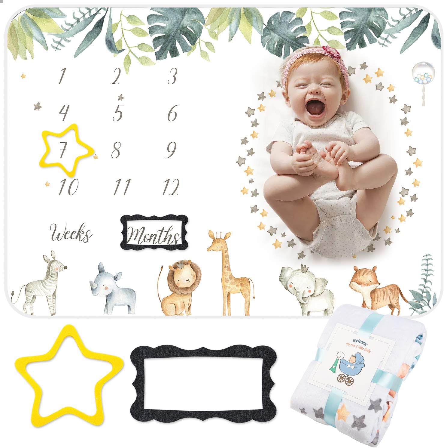 Baby Milestone Blanket for Boys Girls, Monthly Fleece Blanket Large Animal Printed Growth Soft Comfortable Blankets with 2 Felt Photo Frame 40x55 Inches