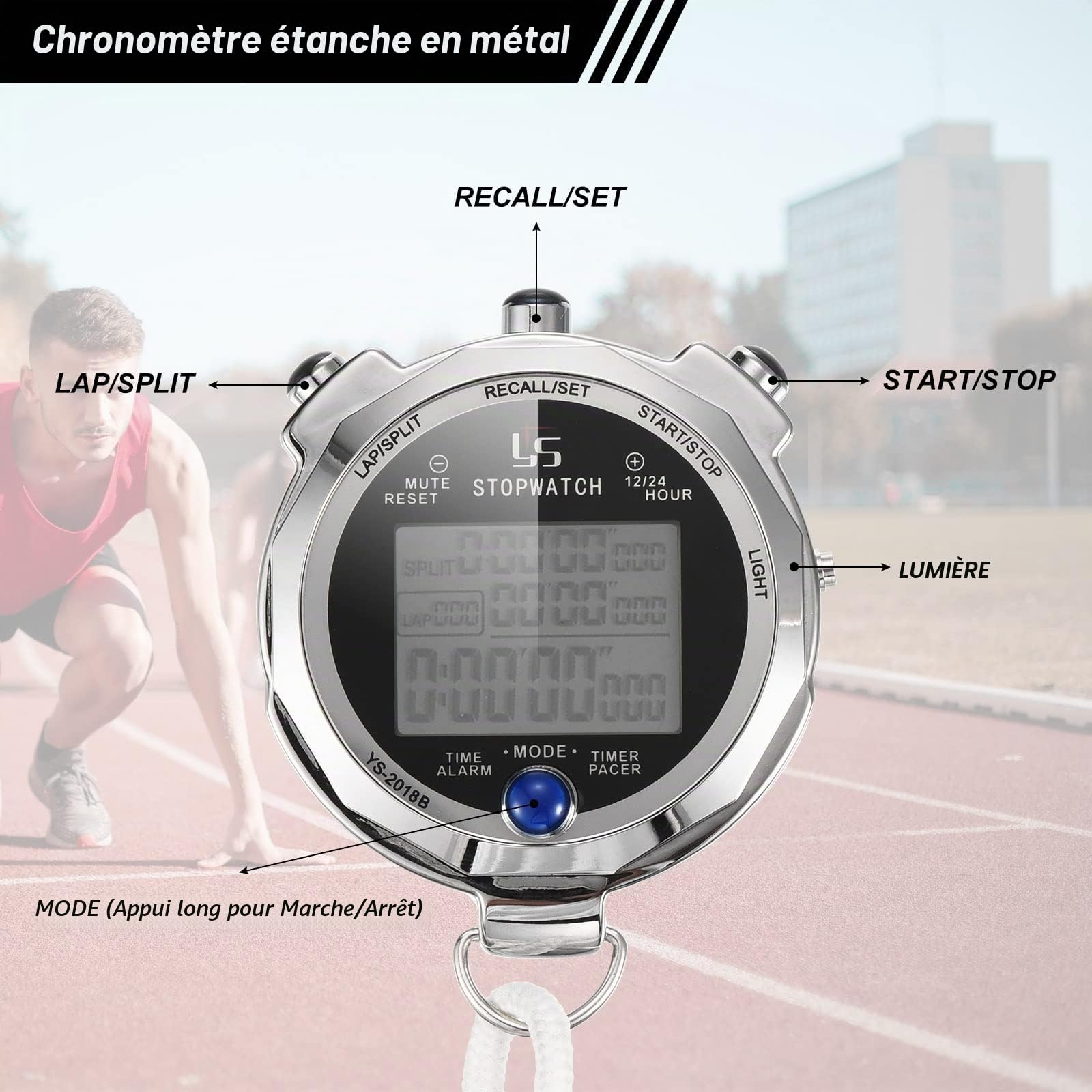 PATIKIL Métal Chronomètre Stop Montre, Chronomètre Minuterie avec Rétroéclairage 100/200 Tour Mémoire 0.001 Seconde Horaire Numérique Arrêt Montre pour Entraîneur Sports Compétitions