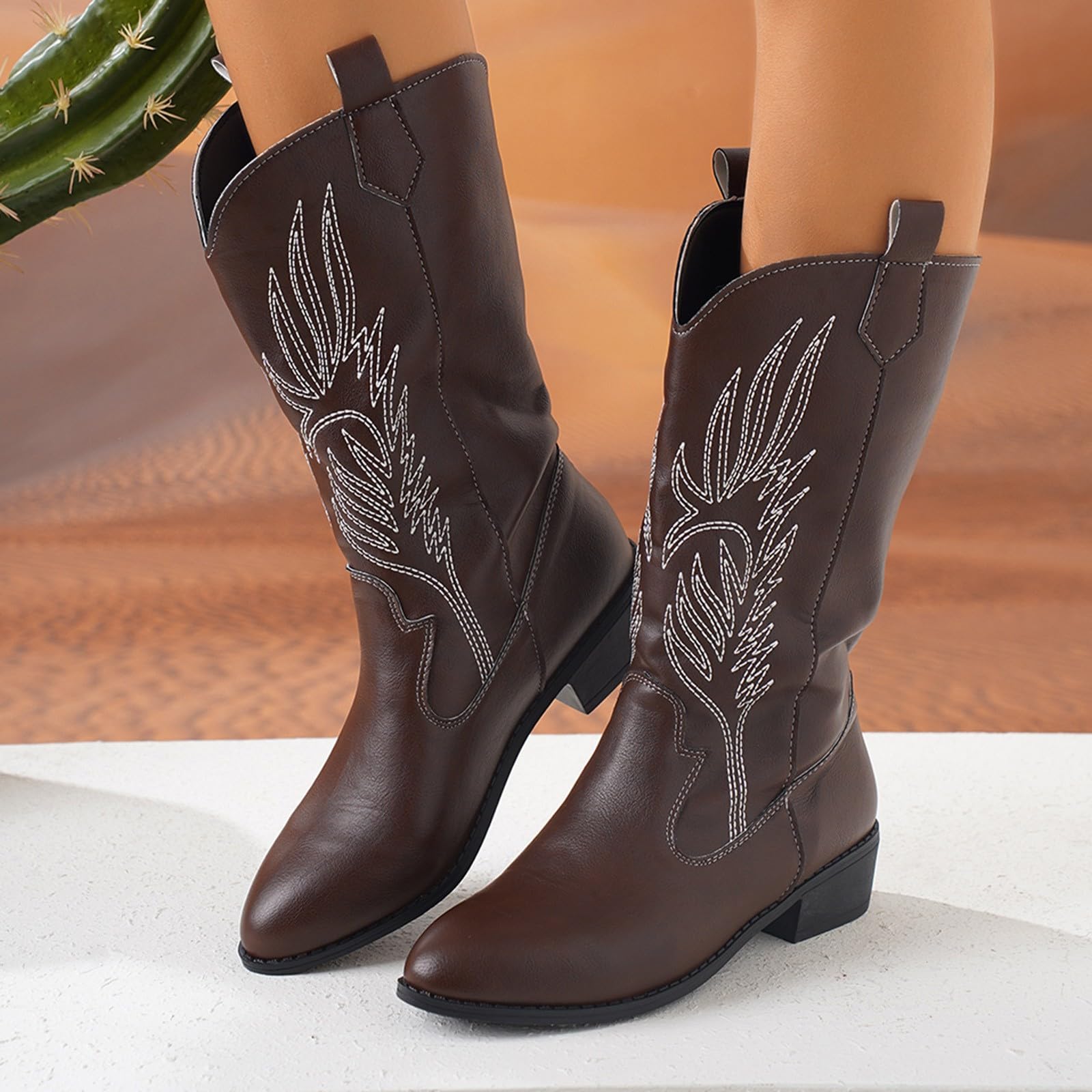Botas de vaquero para mujer, de piel, con puntas, puntas, puntas, para cowboy, botas de caña ancha, botas largas y cómodas, para otoño e invierno, botas Chelsea ligeras