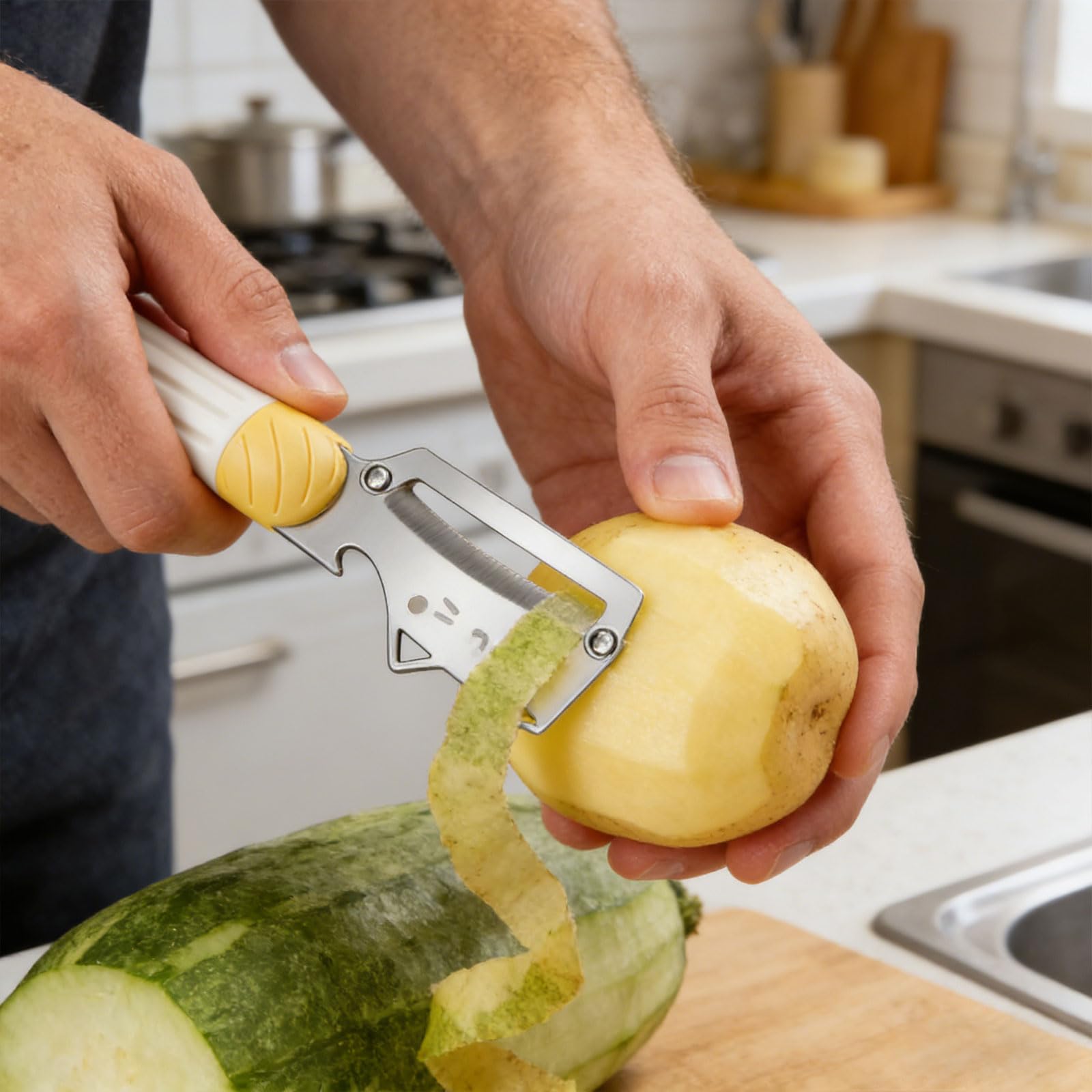 Gemüseschäler 3-in-1-Multifunktion - Scharfe Klinge, eingebauter Flaschenöffner & Massivholzgriff zum Schälen, Schneiden von Obst und Gemüse, Küchenwerkzeug, einfach zu bedienen