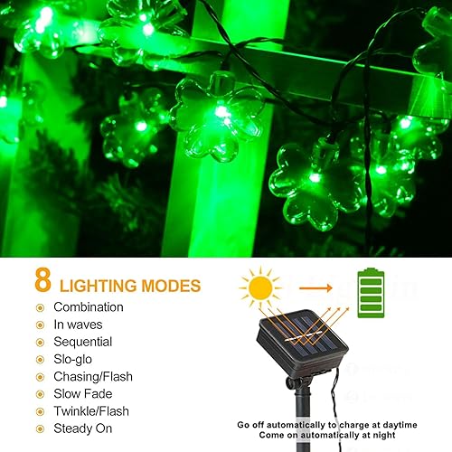 Miniatura 2 de HUGSVIK Luces solares de trébol de 40 luces LED para decoraciones del día de San Patricio, 8 modos de cuerda de luces solares de trébol, luces