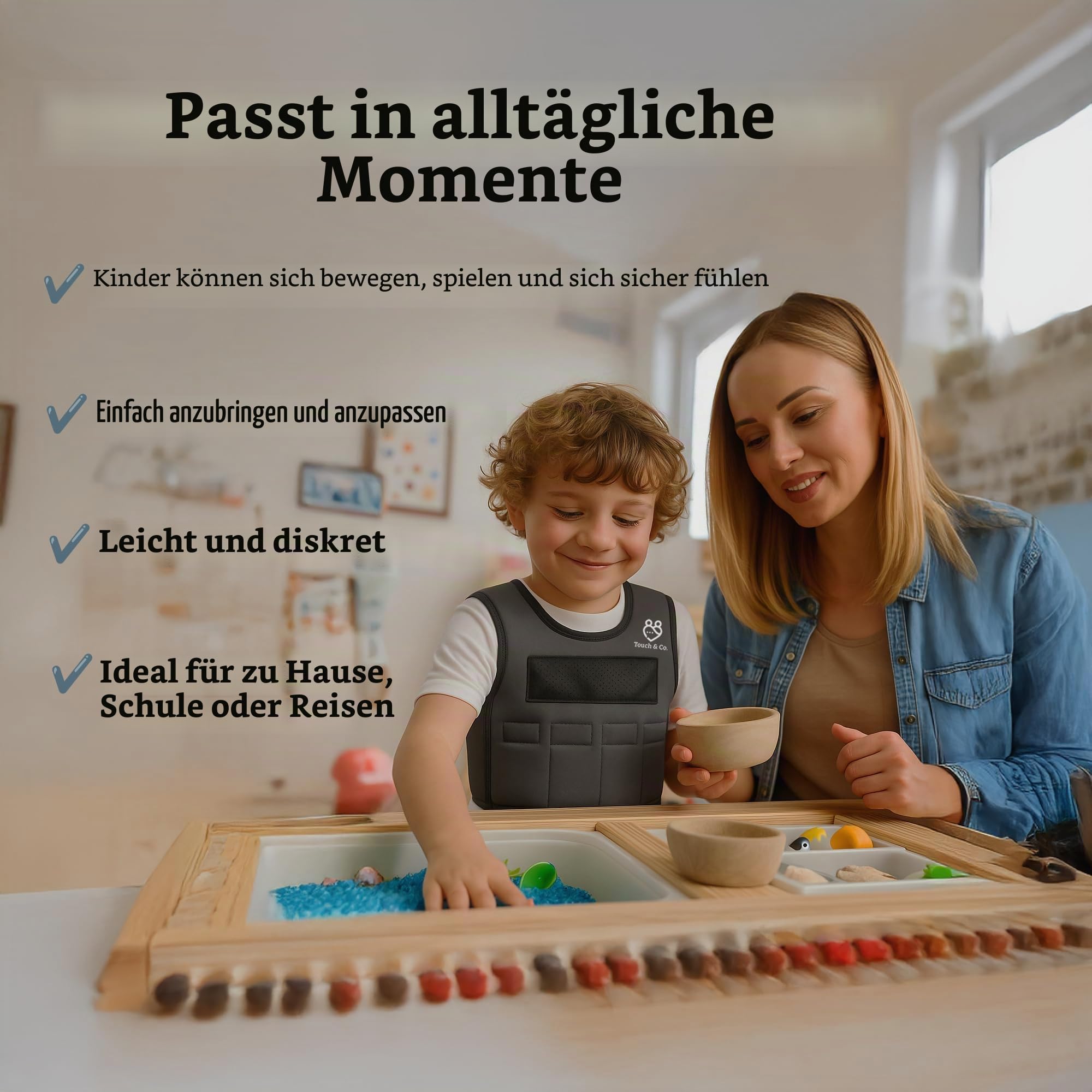 Touch & Co. Gewichtsweste für Kinder – voll verstellbare sensorische Kompressionsweste für Kinder – inklusive 0,9 kg abnehmbaren Gewichten – atmungsaktives, waschbares, geruchsfreies Neopren