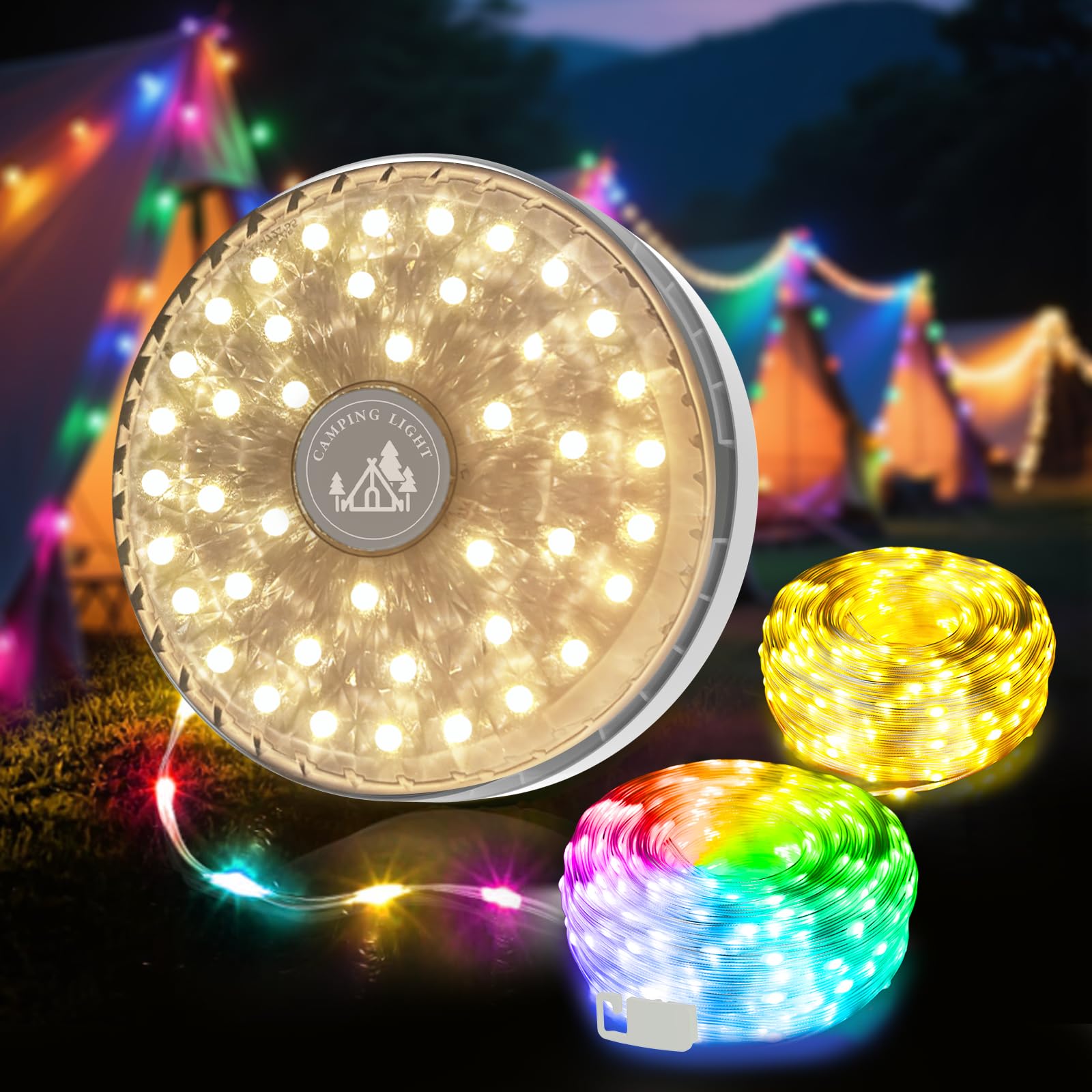 KOBAIBAN Camping String Lights Rechargeable 4000mAh, 4 in 1 Upgraded Outdoor String Lights with 13 Lighting Modes, 32.8FT LED Hanging Lights, Waterproof Camping Lights for Awning Party Festival Decor