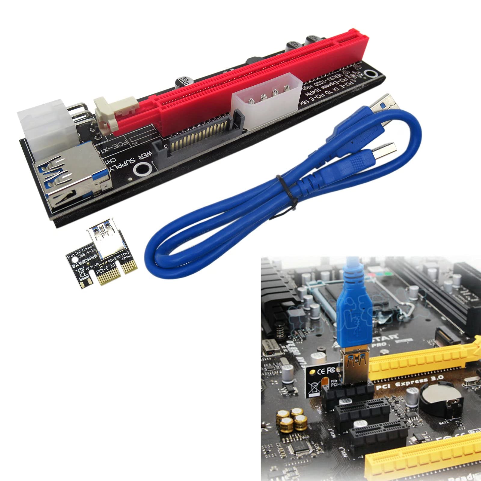 Graphics Card PCIe Riser VER 009S 16x to 1x Powered Riser Adapter Card w/ USB 3.0 Extension Cable & 6-Pin PCI-E to SATA Power Cable