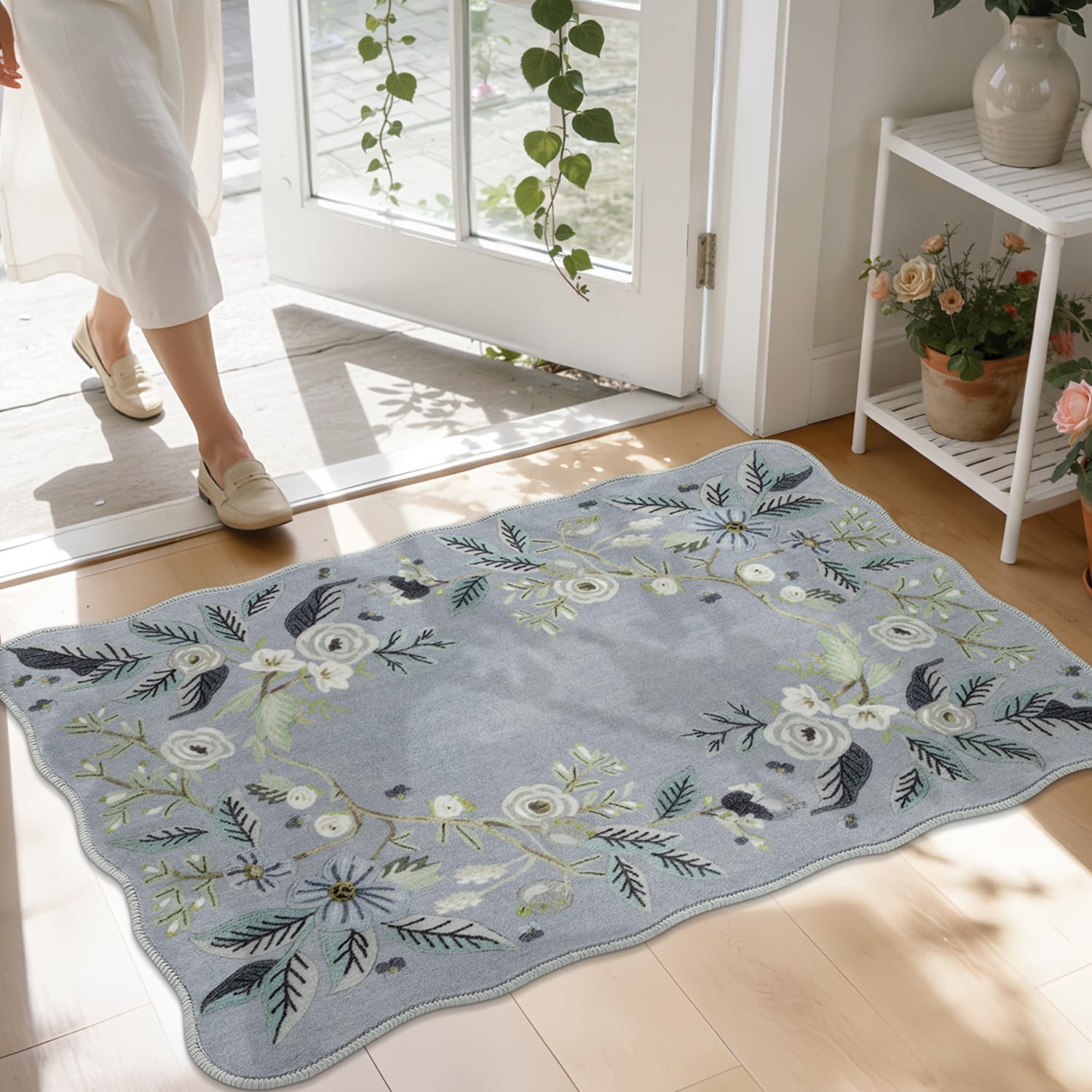 BSICPRO Floral Runners for Hallways, 2x6 Washable Vintage Kitchen Runner with Rubber Backing Non Slip, Farmhouse Area Rugs for Kitchen, Hallways, Laundry, Bedroom, Bathroom (Creamy White)