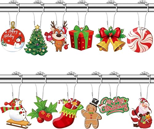 Juego de 24 ganchos de cortina de ducha de Navidad, anillos decorativos de Papá Noel, muñeco de nieve, árbol de nieve, ganchos resistentes a la disponible en Yaxa Peru