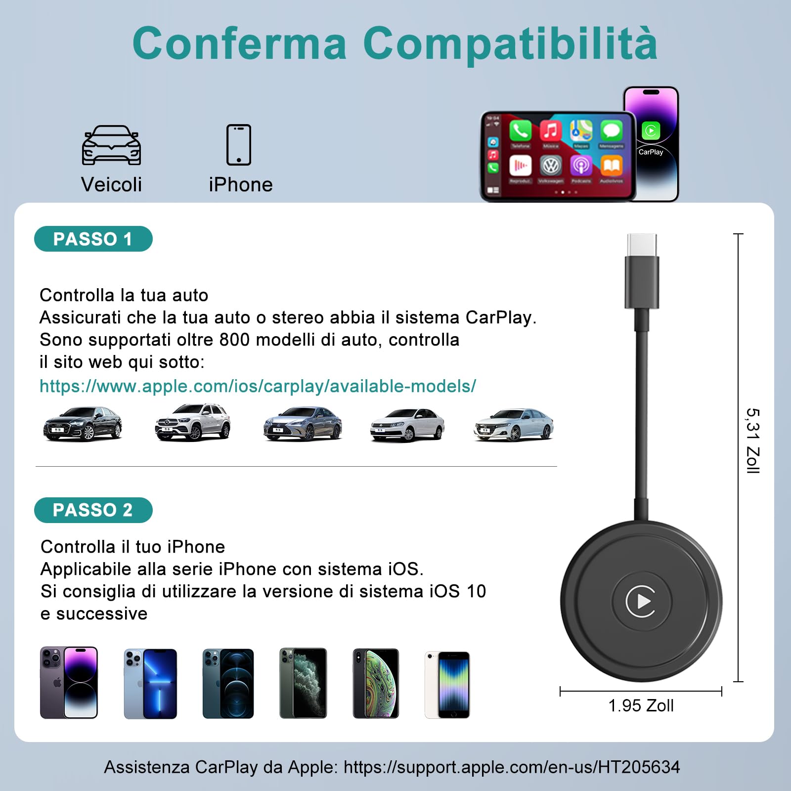 Carplay Wireless Adattatore per iPhone, CarPlay Senza Fili Convertire CarPlay Cablato in CarPlay Senza Fili da Usare Per Auto dal 2017 iPhone iOS 10+