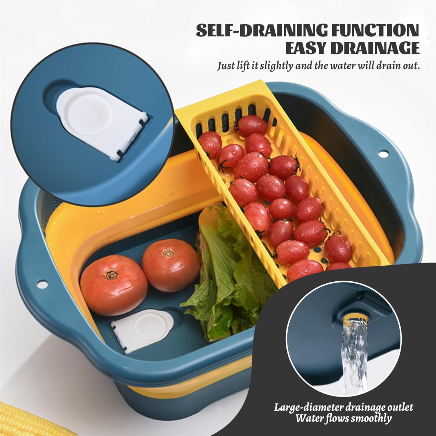 Collapsible Dish Basin with Drain Plug & Drain Basket Large Collapsible Sink Portable Multi-Functional Vegetable Washing Basket for Home Kitchen, Blue + Orange Sink