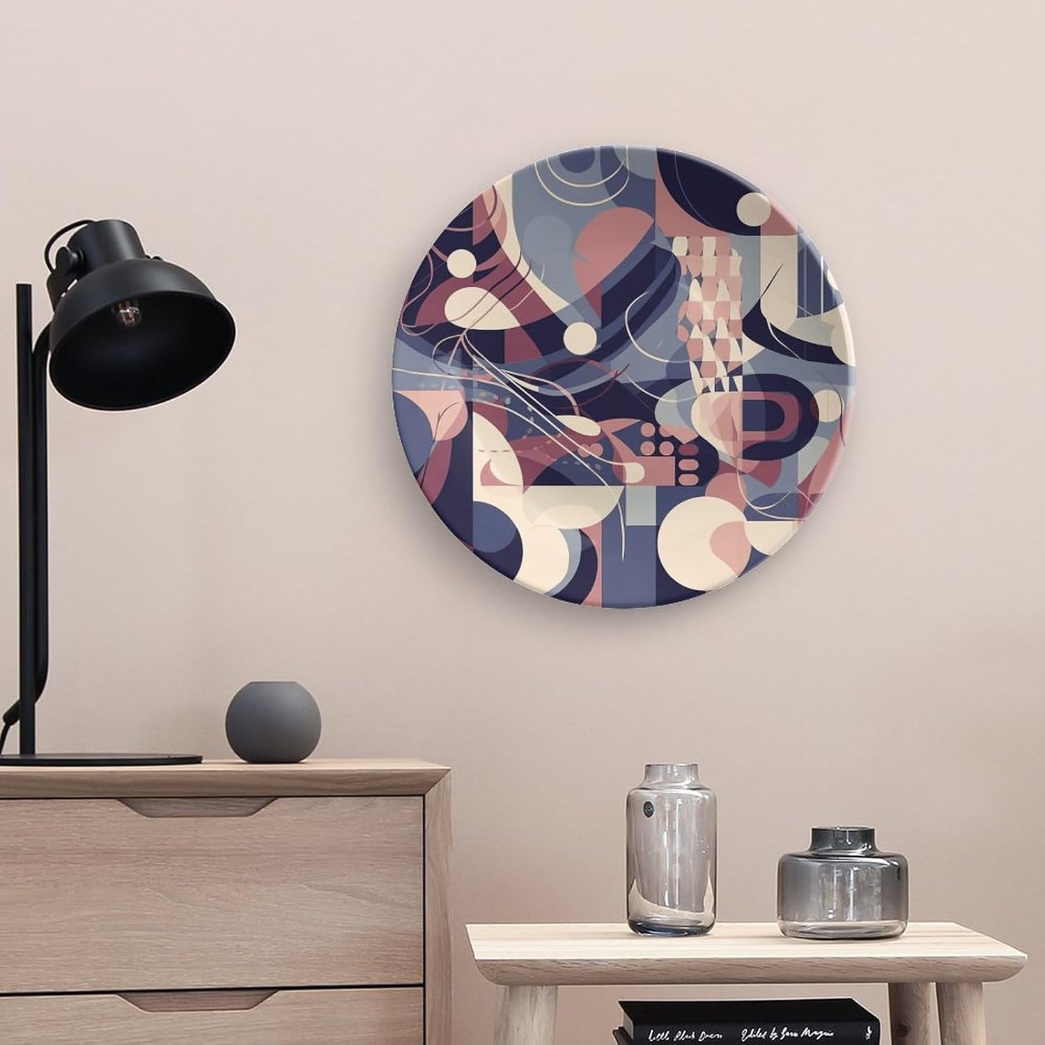 Abstract Geometric Lines Decorative Plates for Display Round Porcelain Plate Living Room Table Ceramic Hanging Decorative Plate Art Decor for Living Room Table with 1 Display Stand 10inch