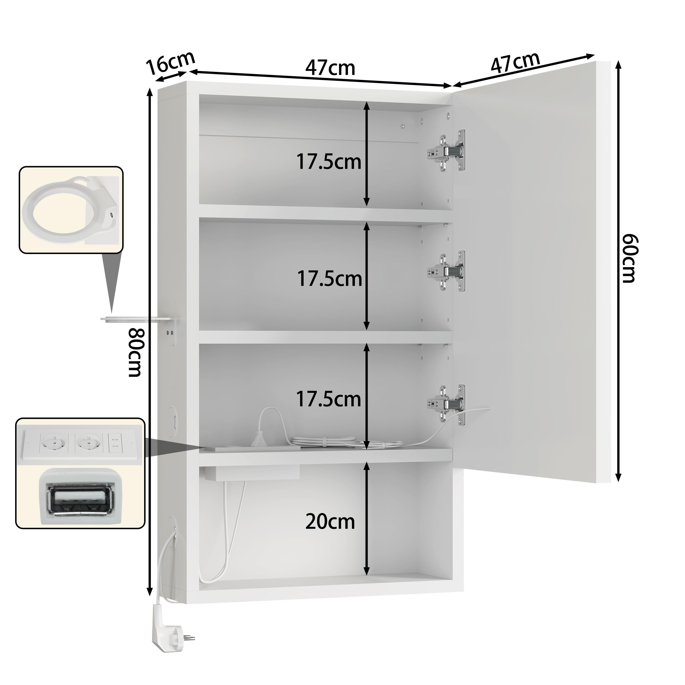 Armario Baño con Espejo LED iluminación y Función de desempañadora Armario Baño Espejo de Pared con reloj y pantalla de temperatura, Enchufe,4 compartimentos y Soporte para secador de Pelo,47x80x16cm