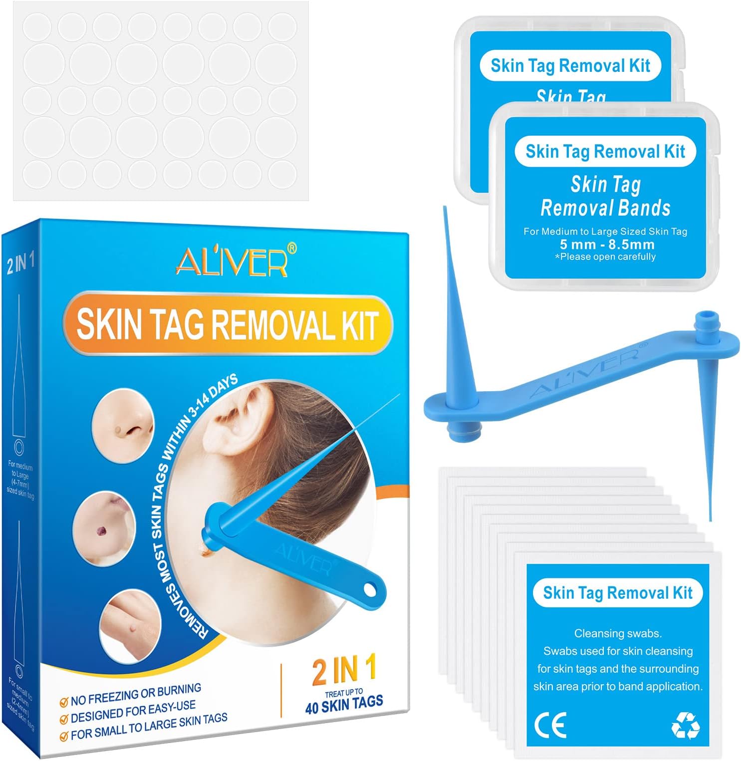 Micro Skin Tag Remover - Upgraded 2-in-1 Skin Tags Removal Kit, Easy Application in Minutes, Painless and Safe for All Body Parts, with 40 Removal Bands, 10 Cleansing Wipes, 36 Repair Patches