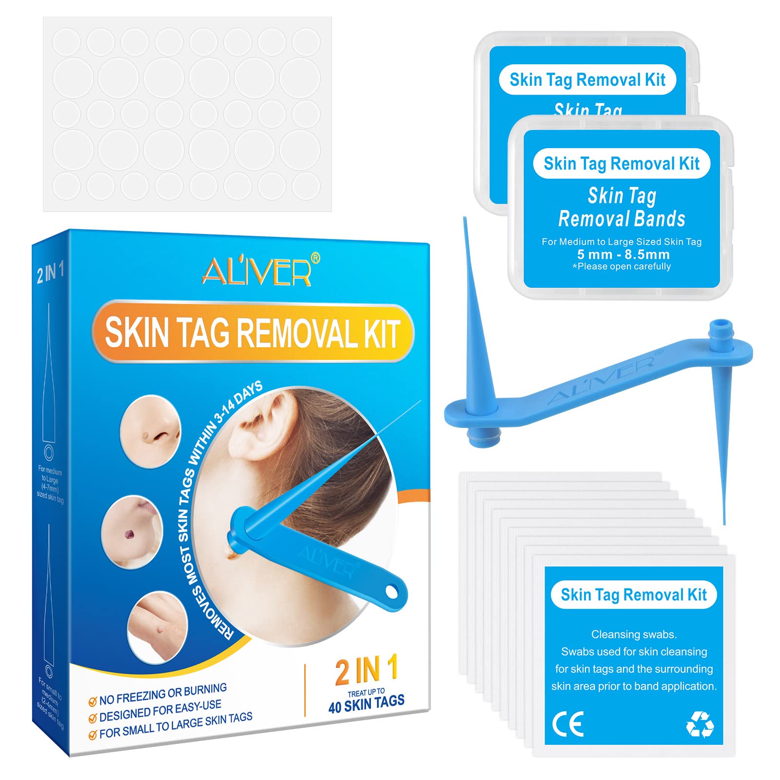 Micro Skin Tag Remover - Upgraded 2-in-1 Skin Tags Removal Kit, Easy Application in Minutes, Painless and Safe for All Body Parts, with 40 Removal Bands, 10 Cleansing Wipes, 36 Repair Patches