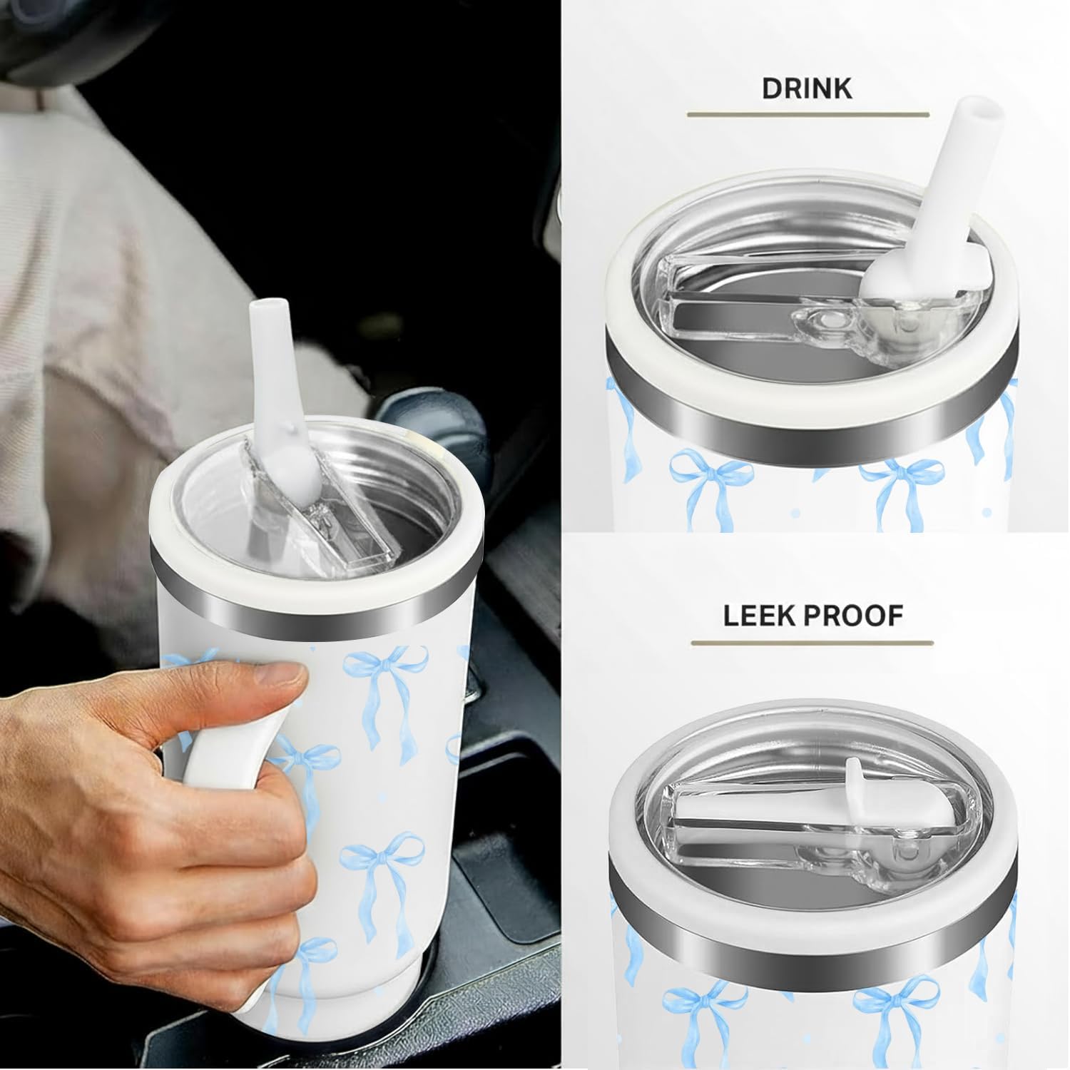 FOLAI 40oz 2Pcs Insulated Mug Tumbler With Handle And Fllip Straw Water Bottle, Cold Drink - Leak-Proof - Water, Coffee Portable Travel Mug（Yellow Leopard Print + Bow）