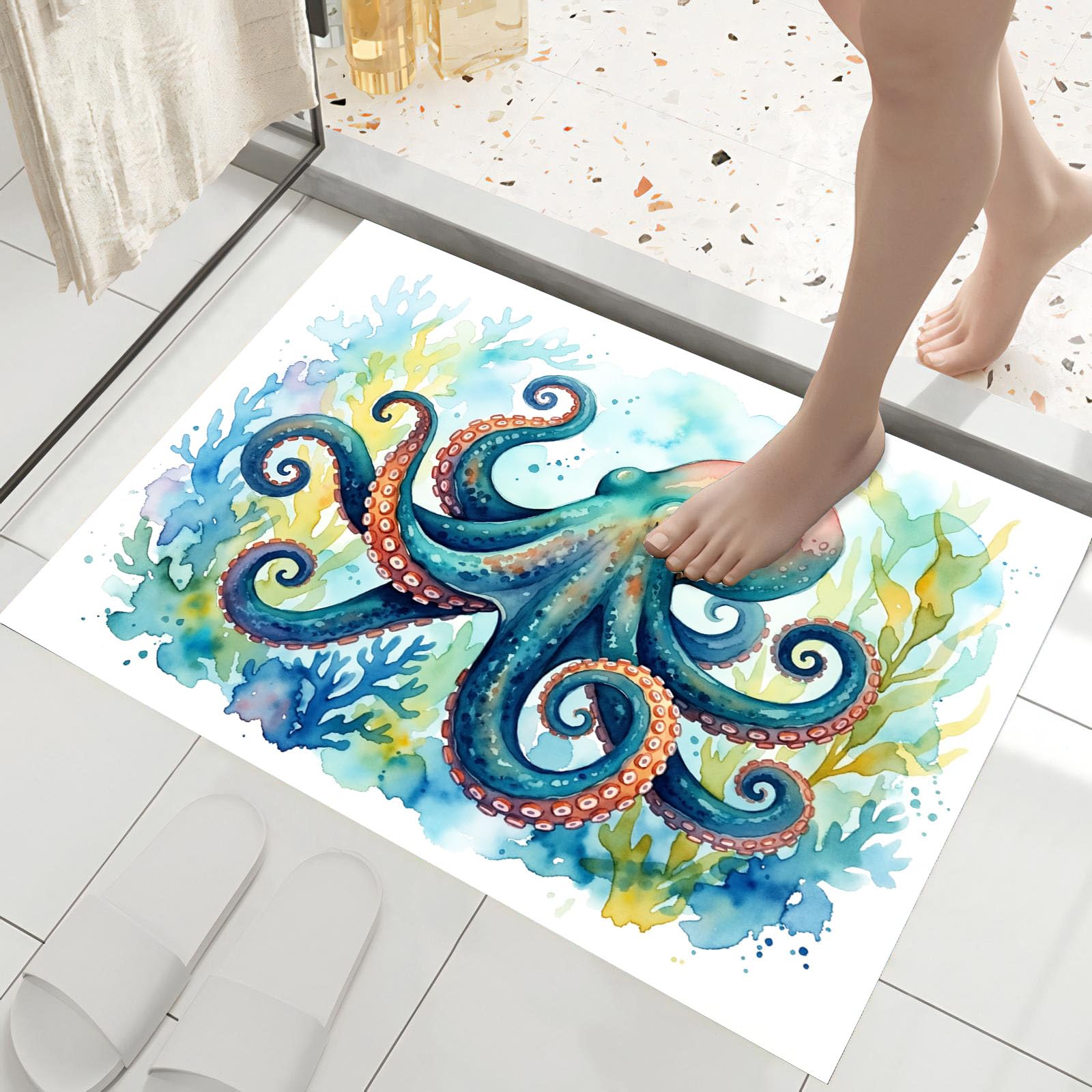 Paillasson pieuvre corail cyan fonce tapis grand format intérieur