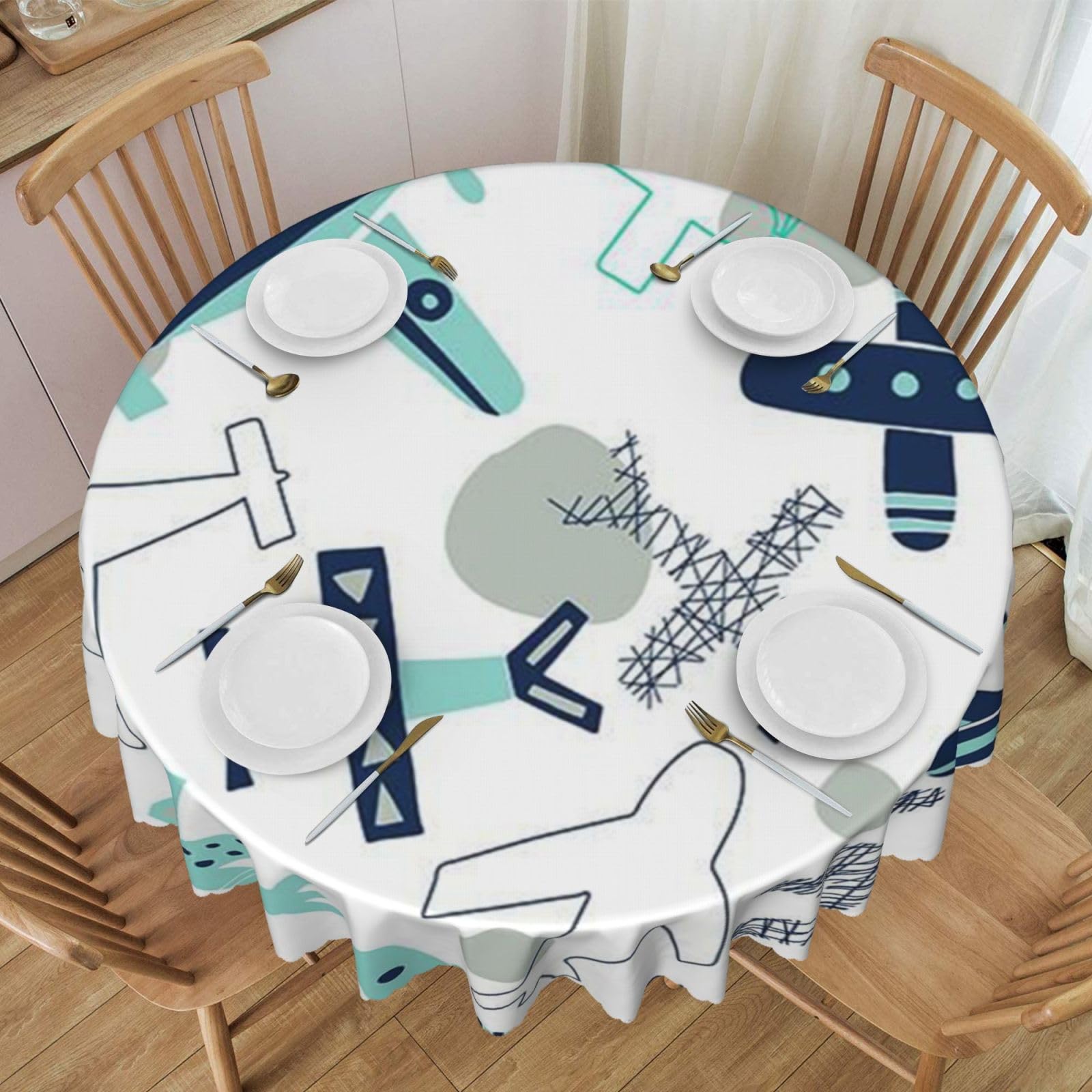 DCEHGEW 60 In Round Tablecloth with Lace, Airplane-r18666 Printed Oilproof & Washable Fabric Picnic Table Cloth Table Covers