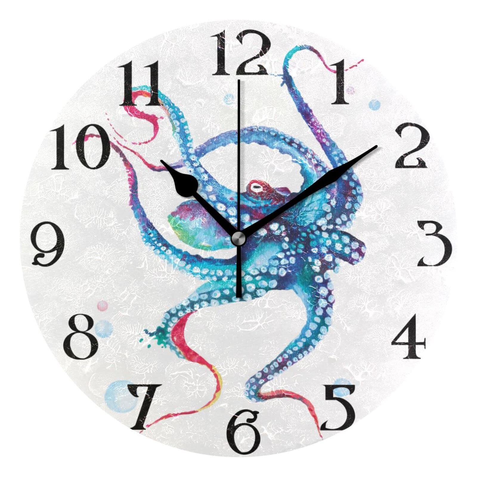 Mnsruu Large Wall Clocks, Octopus Watercolor Non Ticking 25cm Clock Silent Clocks Atomic Analog Clocks Living Room Kitchen Bedroom Office Home Decor Easy to Read