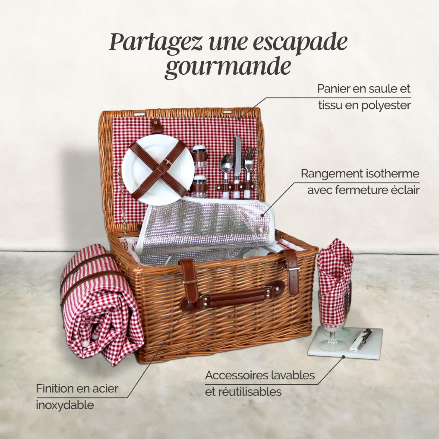 Linxor - Panier de Pique-Nique Isotherme avec Nappe et Accessoires - 2 Personnes - Plusieurs Coloris