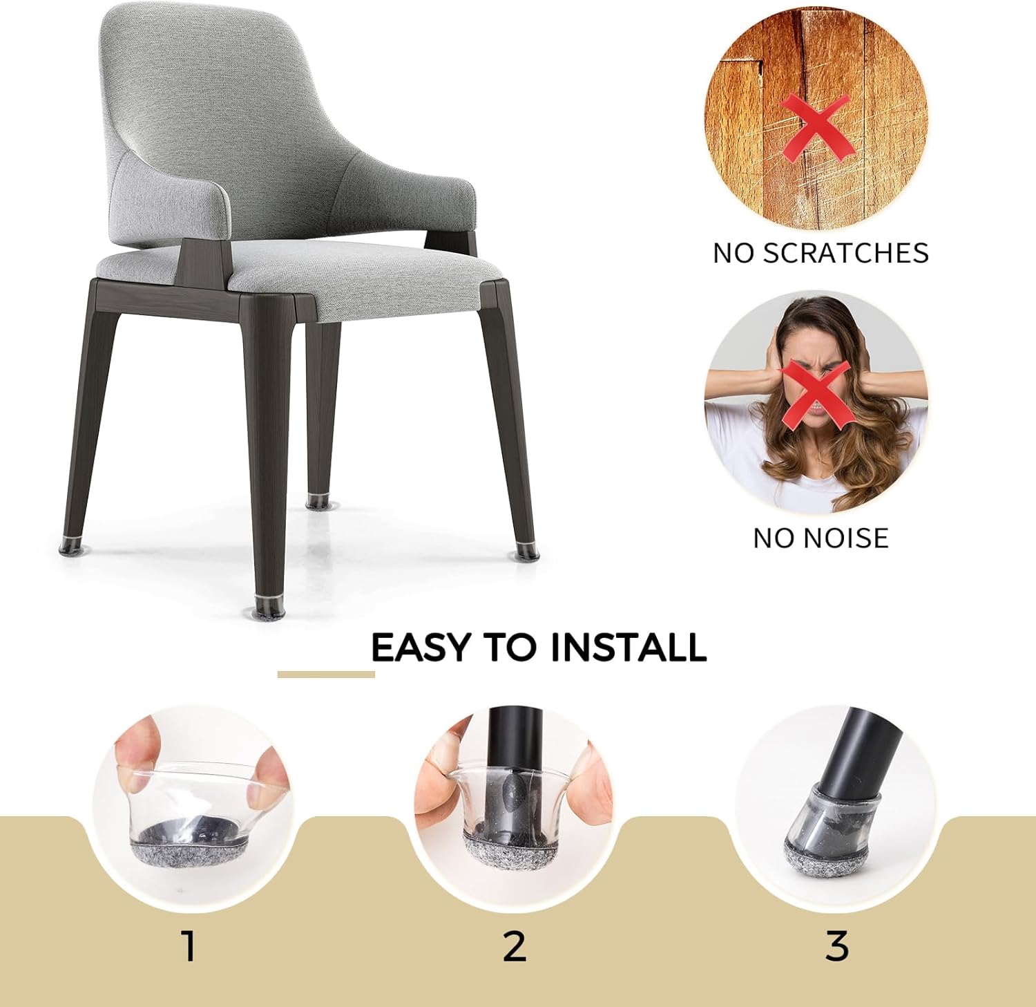 Pack of 16 Round Chair Pads Diameter 14 – 19 mm, Silicone Chair Pads with Integrated Grey Felt for Tilted Feet 15°-25°, Furniture Feet Anti-Creaking and Scratch-Resistant